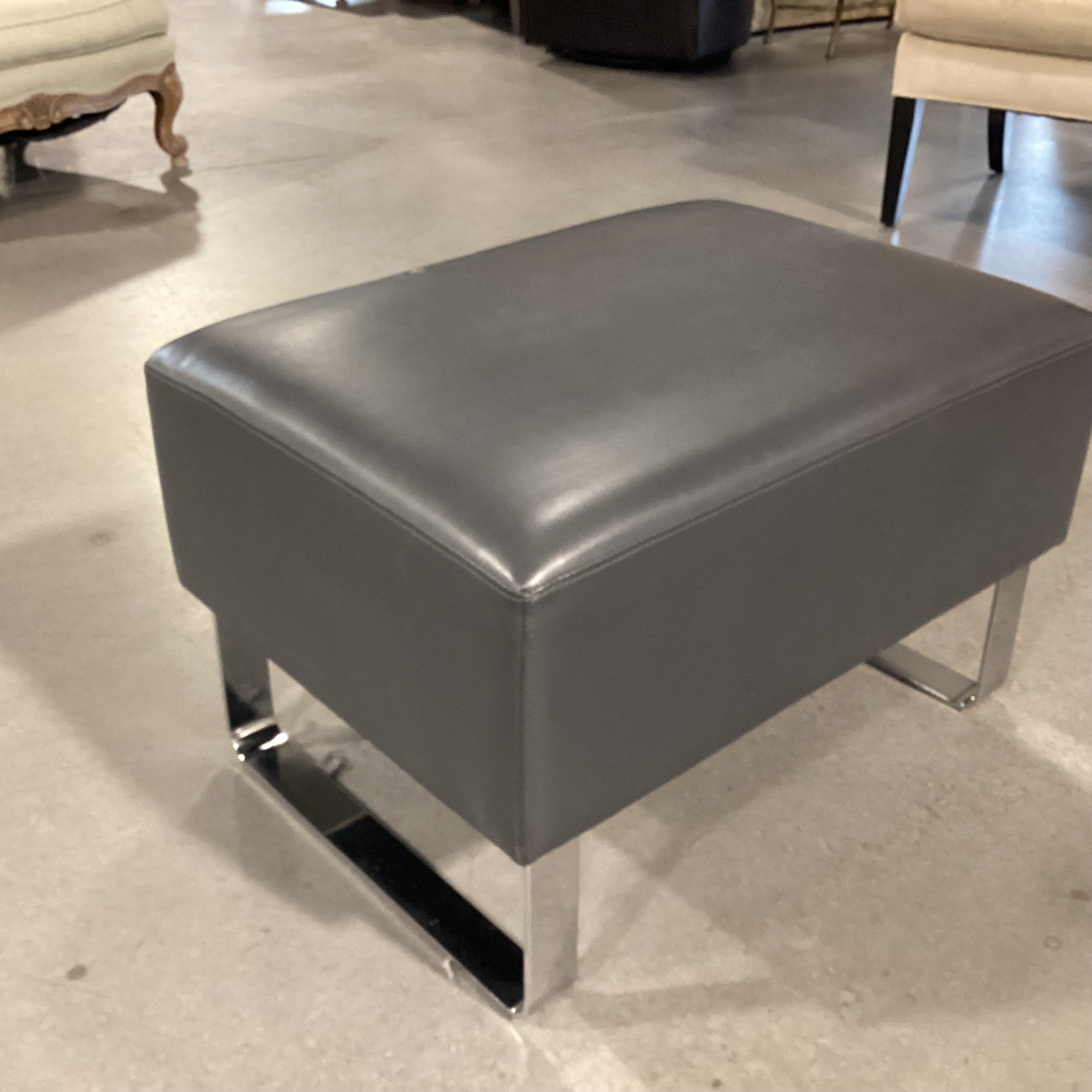 Grey Leather & Chrome Ottoman 28"x 20"x 18.5"