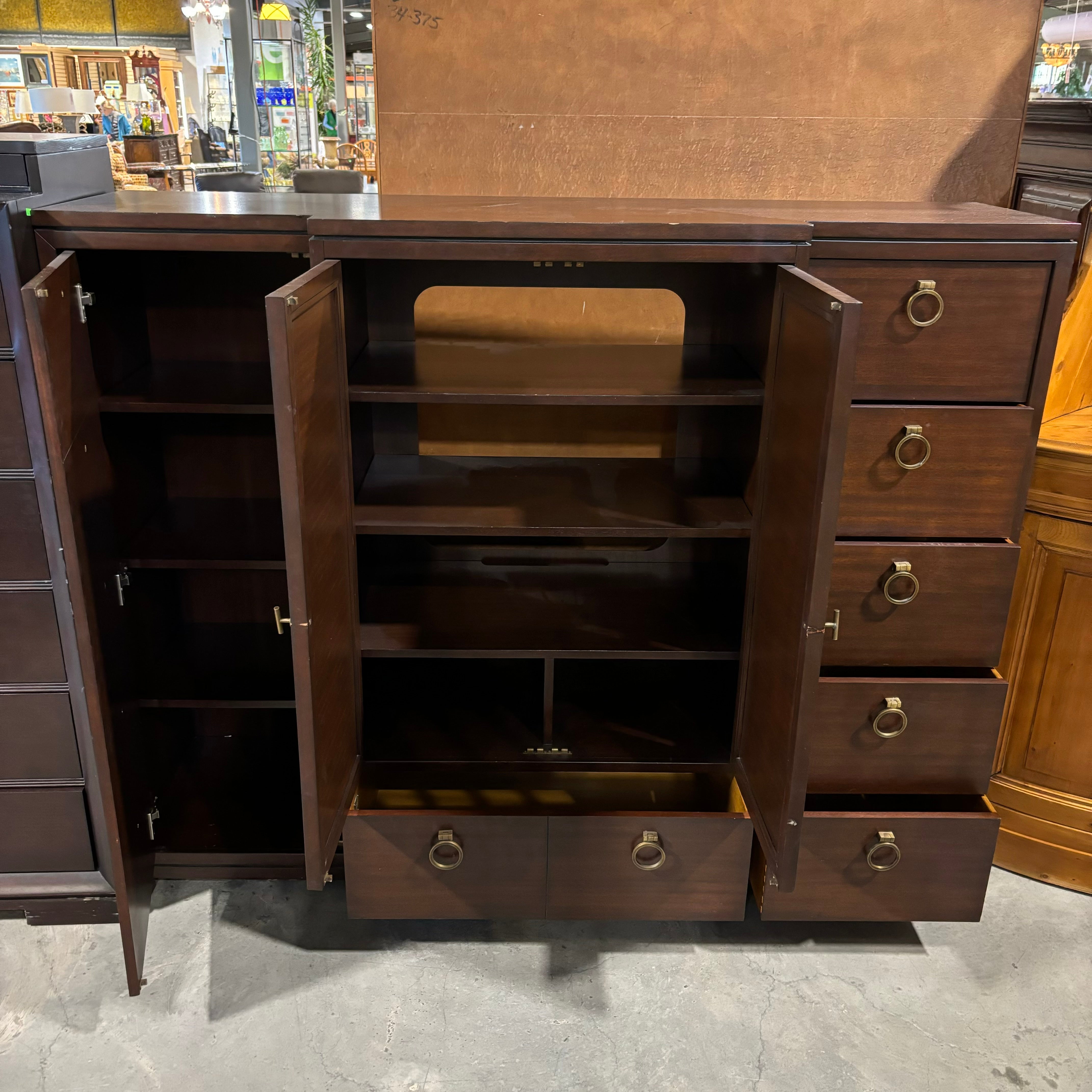 Designed by Michael Weiss for Vanguard Solid Dark Finish Wood 6 Drawer 3 Door with Brass Pulls Wardrobe Dresser 70"x 21"x 56"