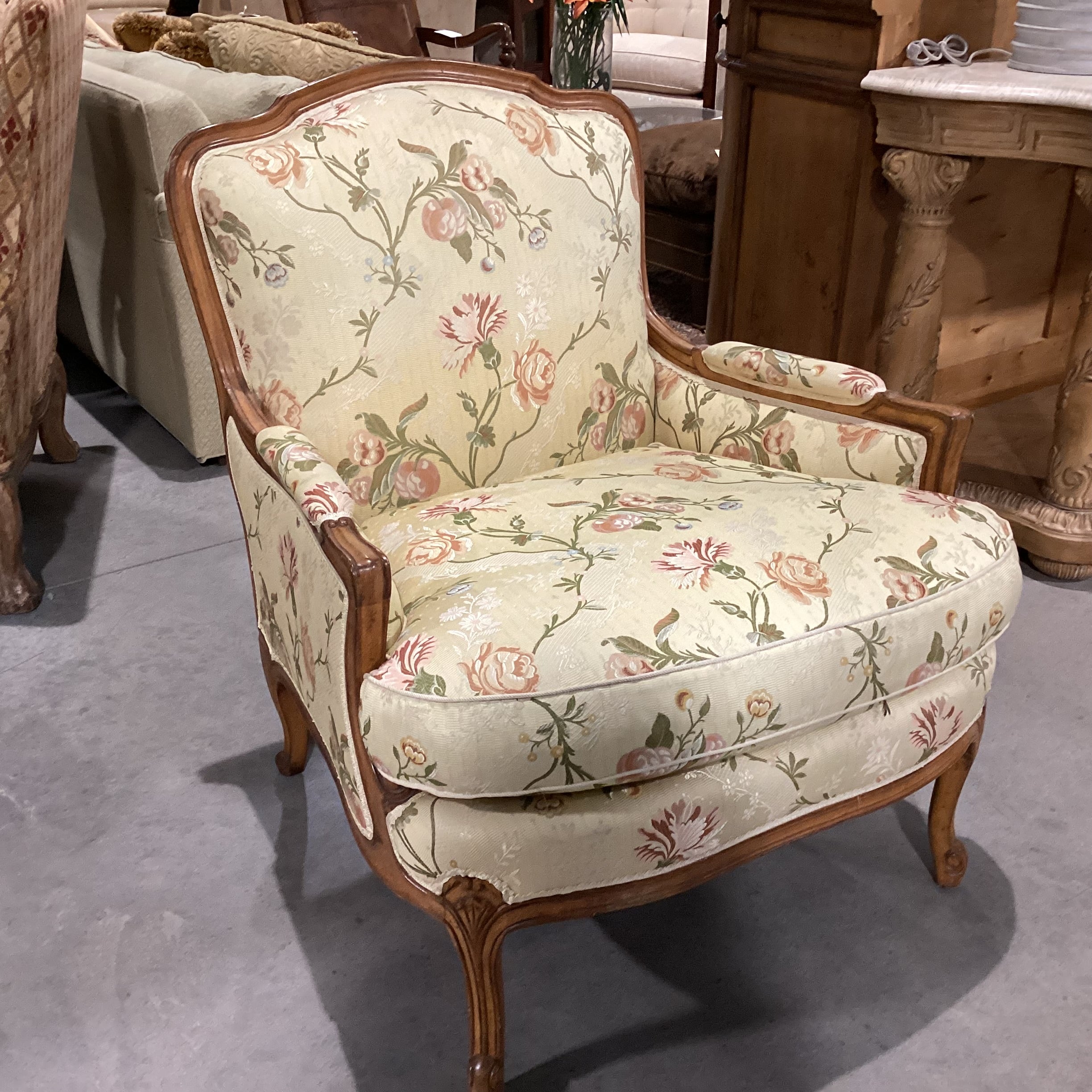 French Provincial Style Carved Wood with Yellow Floral Upholstery Chair 33"x 34"x 37.5"