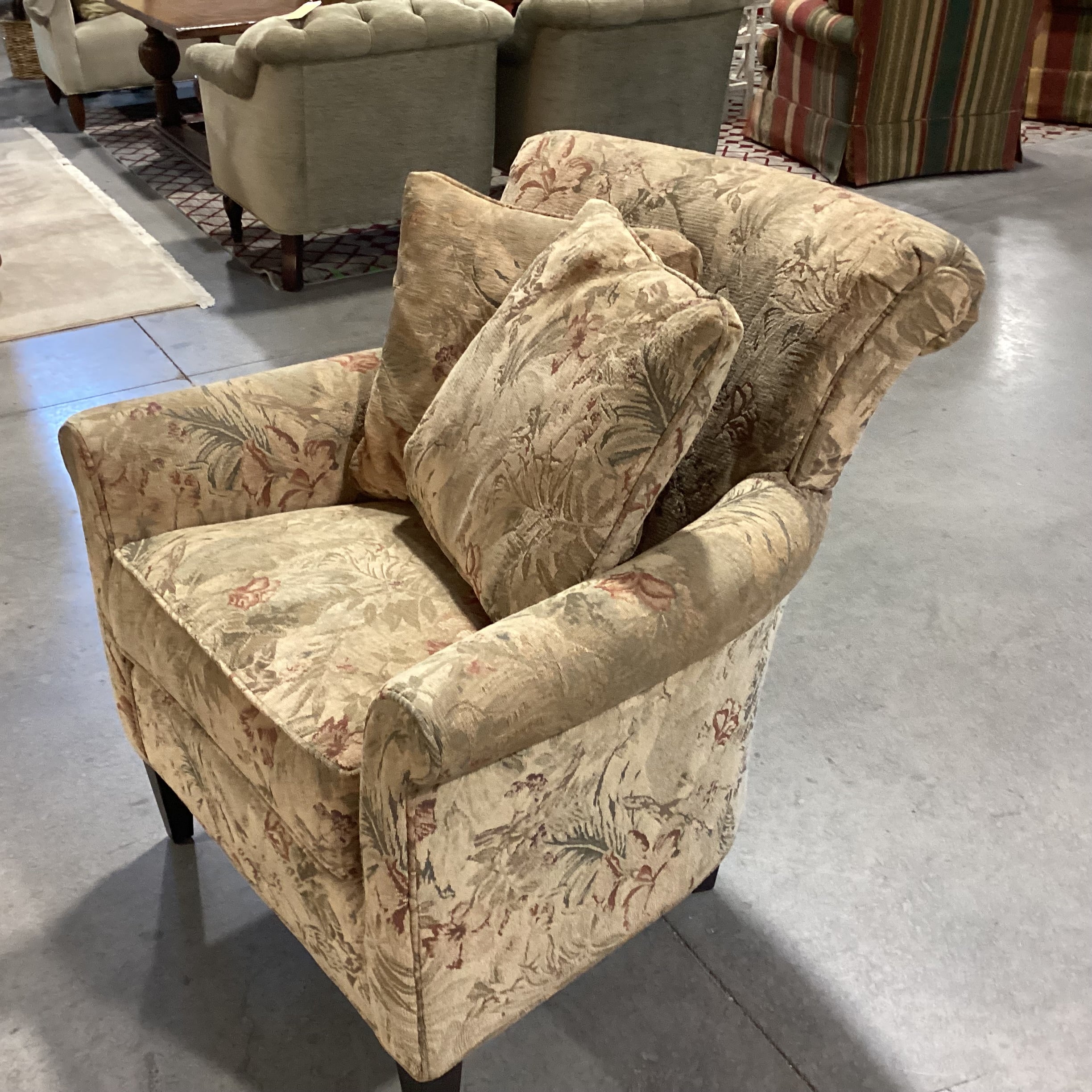 Golden Tan Green & Red Floral Chair 34"x 36"x 36"