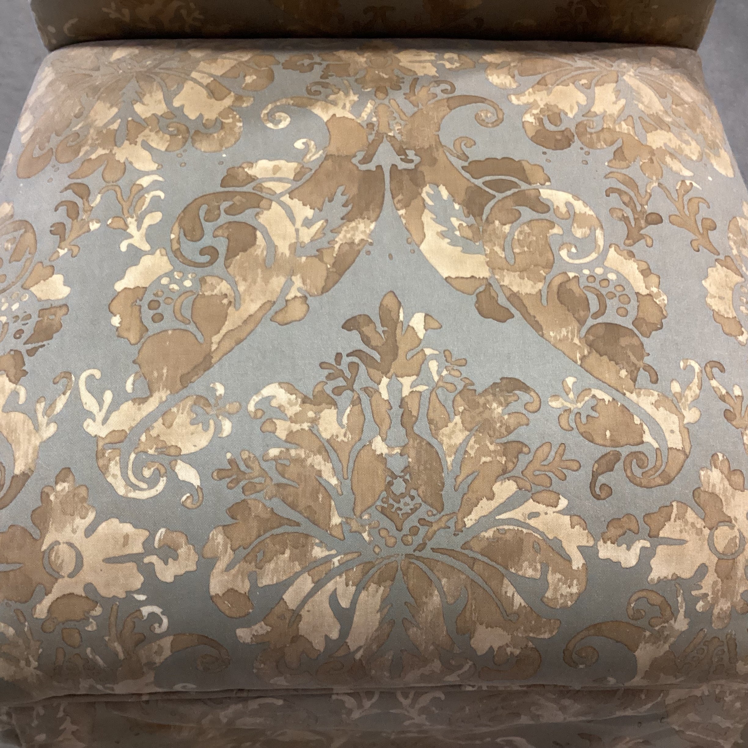 Gold & Taupe Batik Style Scroll Floral Custom Slipper Chair 21"x 24"x 37"