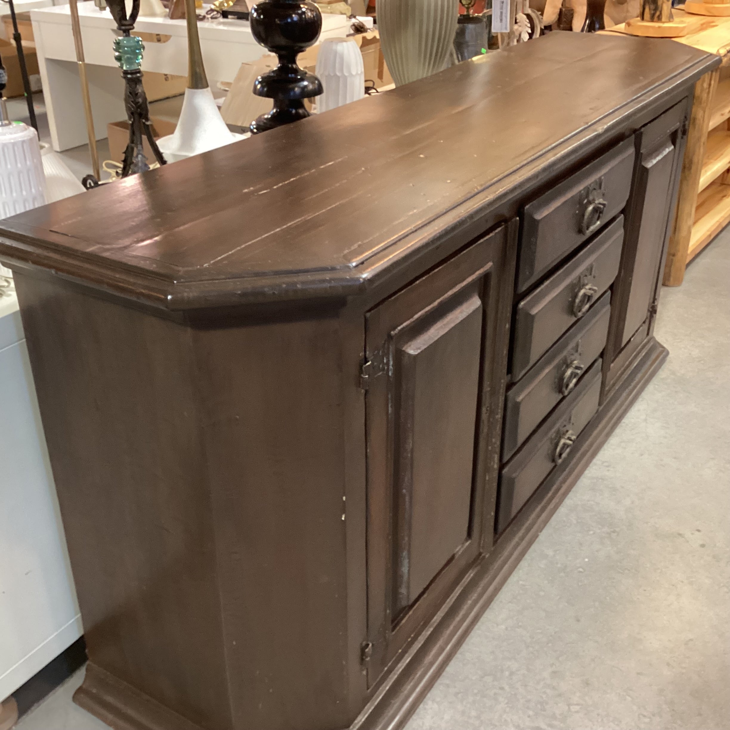 Vintage Antique Carved Wood with Iron Accent 4 Drawer 2 Door Buffet Sideboard 83"x 22"x 36.5"