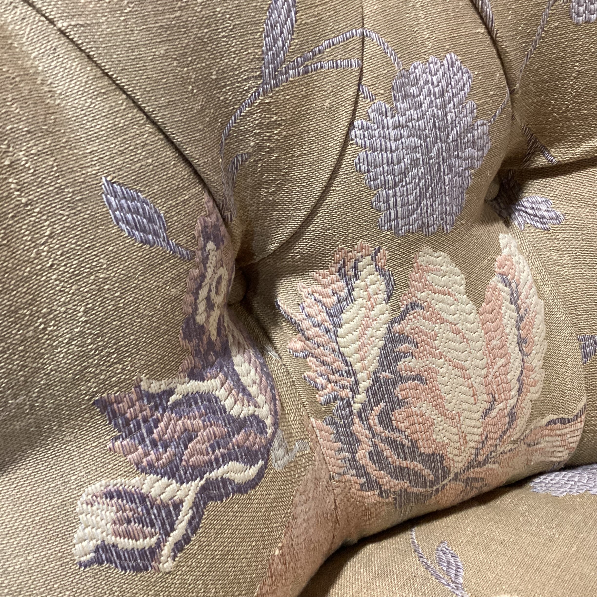 Custom Gold with Peach & Lavender Raised Stitch Floral Button Tufted with Ottoman Chair  31"x 34"x 35"