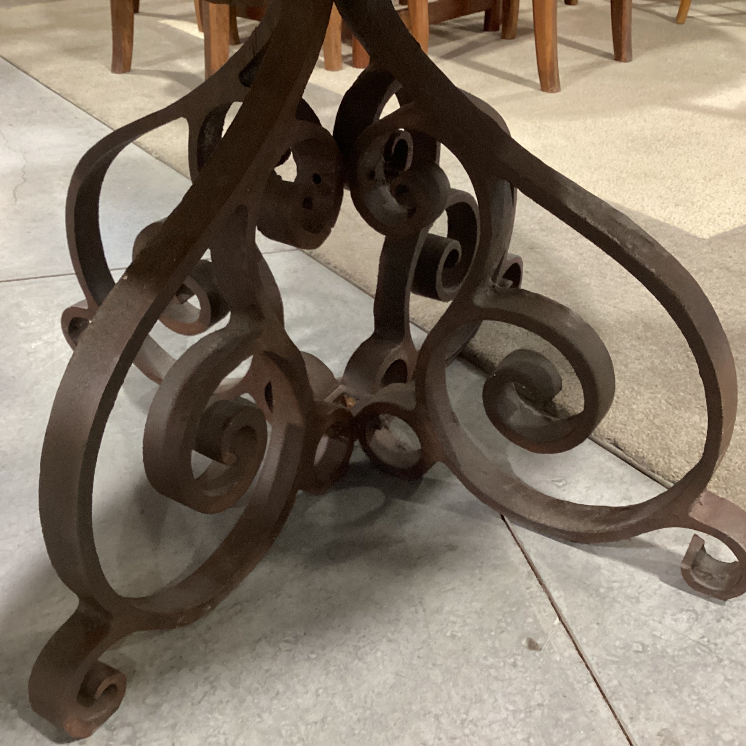 Round Pine Plank & Heavy Ornate Iron Dining Table 54" Diameter x 29.5"