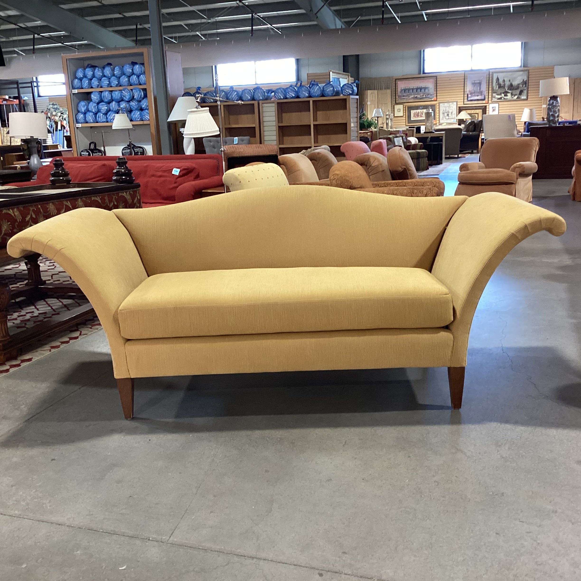 Initials Furniture Golden Yellow Ribbed Upholstery Curve Roll Arm & Arch Back Sofa 90"x 36"x 36.5"