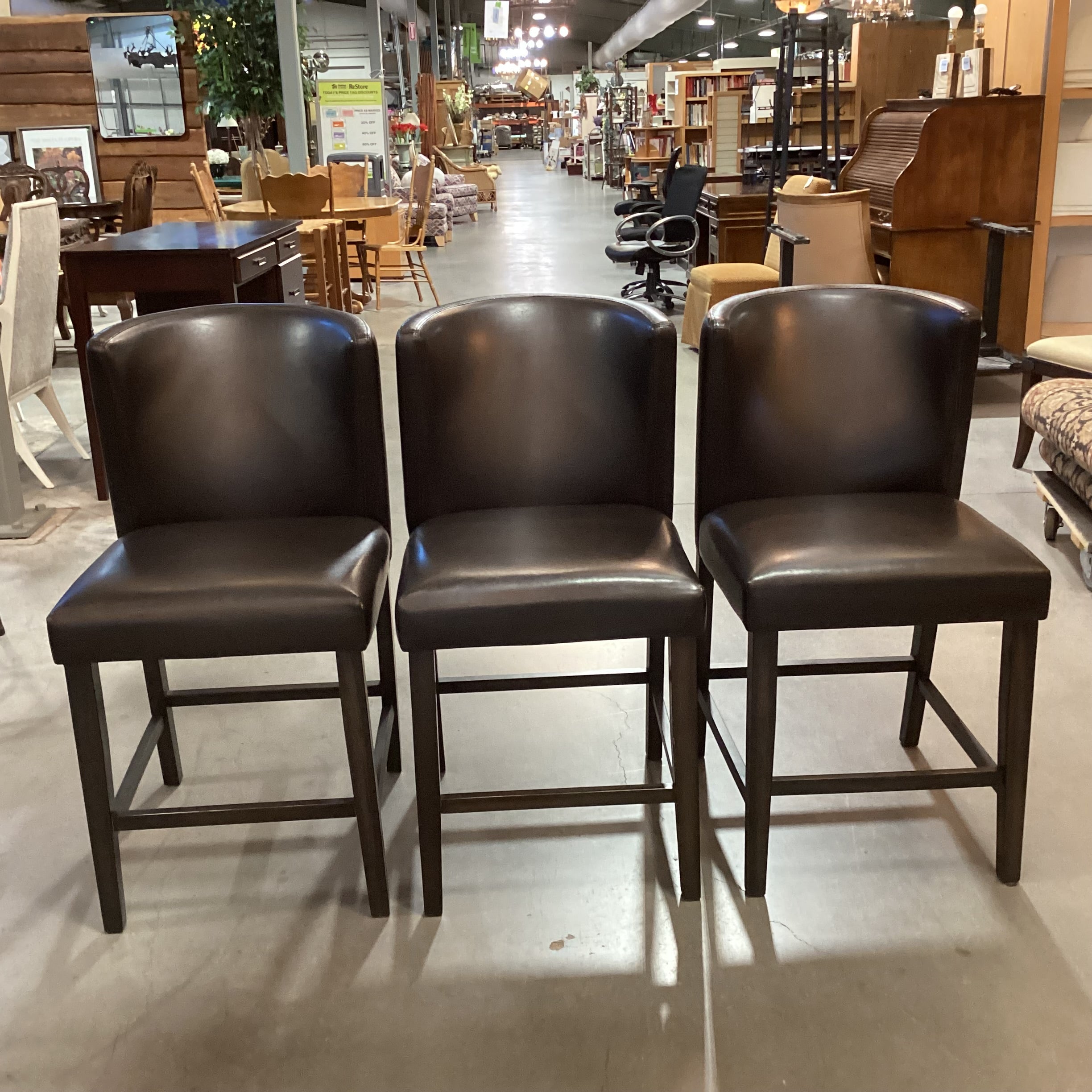 SET of 3 Lifestyle Enterprises Modern Bonded Leather & Espresso Wood Barstools 24"