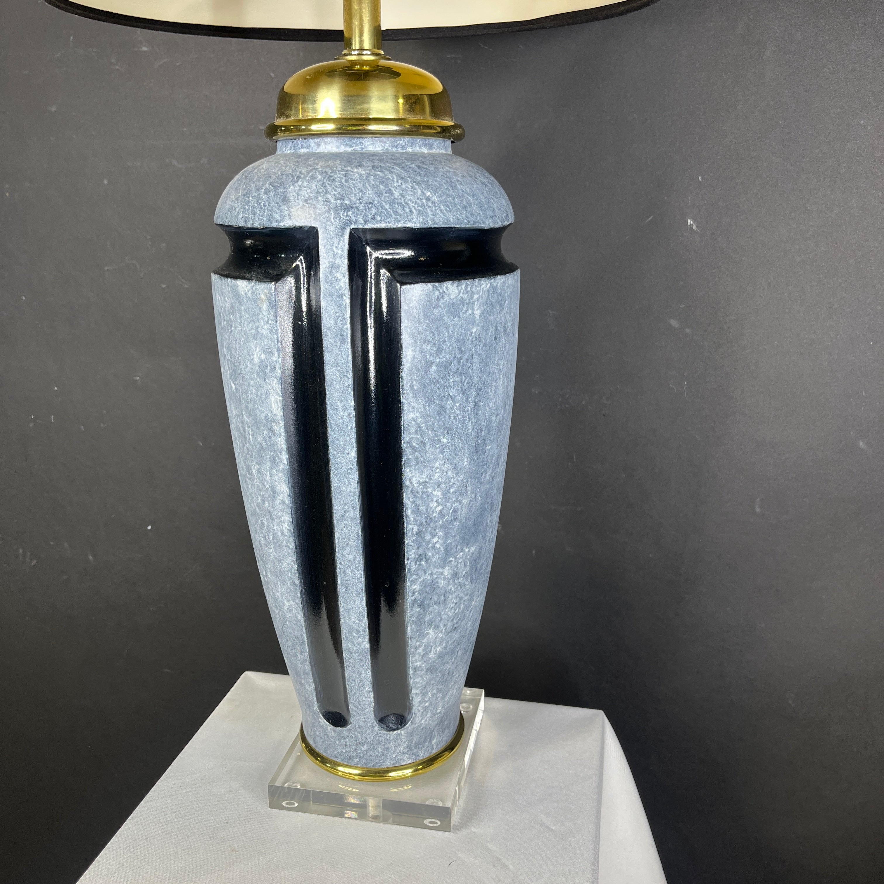 Art Deco Style Black and Cloudy Blue Ceramic Vase with Shade Table Lamp 14” Diameter @ Shade x 30”