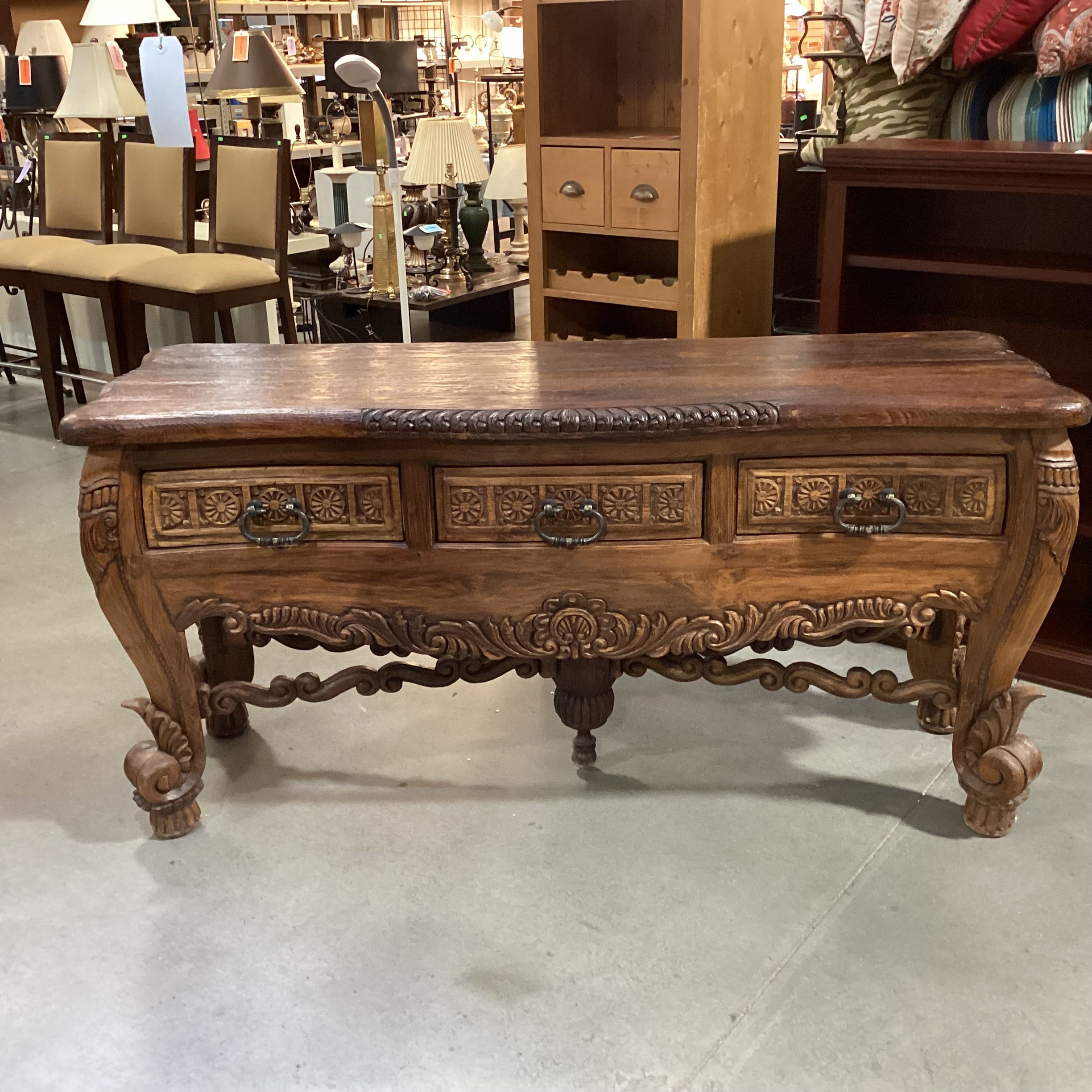 Rustic Western Hand Carved Solid Wood with Ornate Trestle 3 Drawer Accent Table 72"x 24"x 35.5"