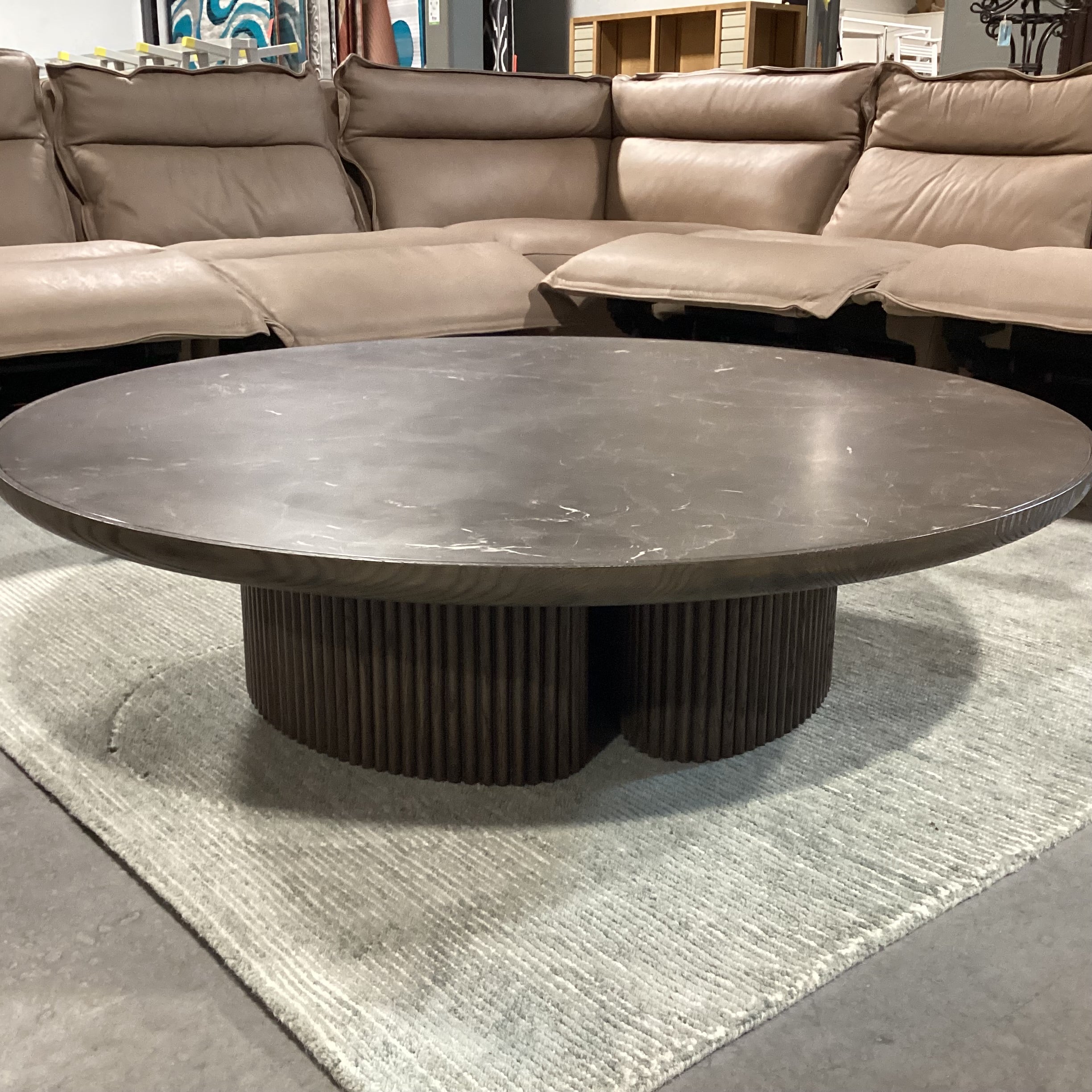 Aster Dark Finish Faux Stone & Ribbed Wood Pedestal Round Coffee Table 54" Diameter x 14.5"