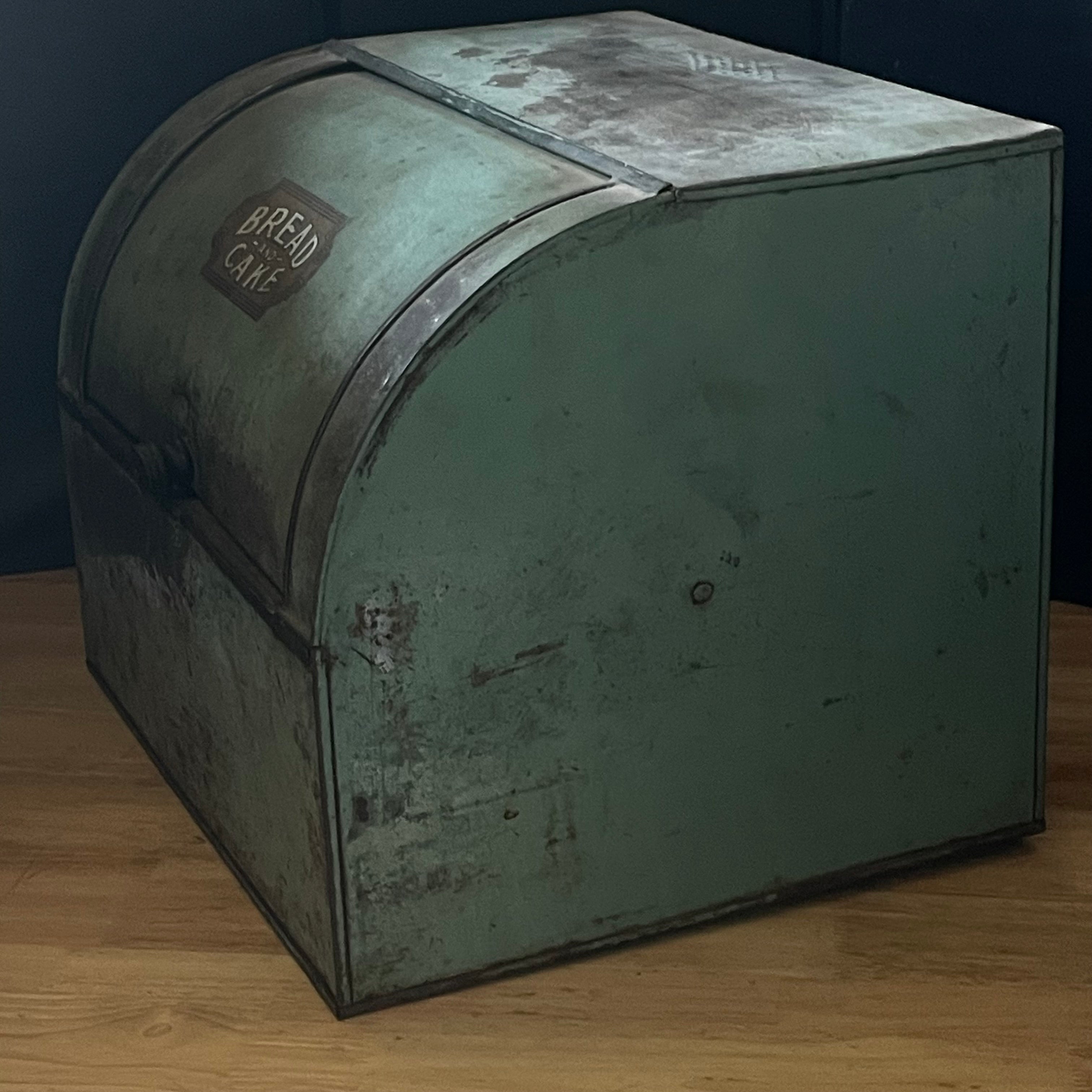 Antique Green Metal Bread & Cake Box with Sliding Lid, 13.25"x 11"x 10.5"
