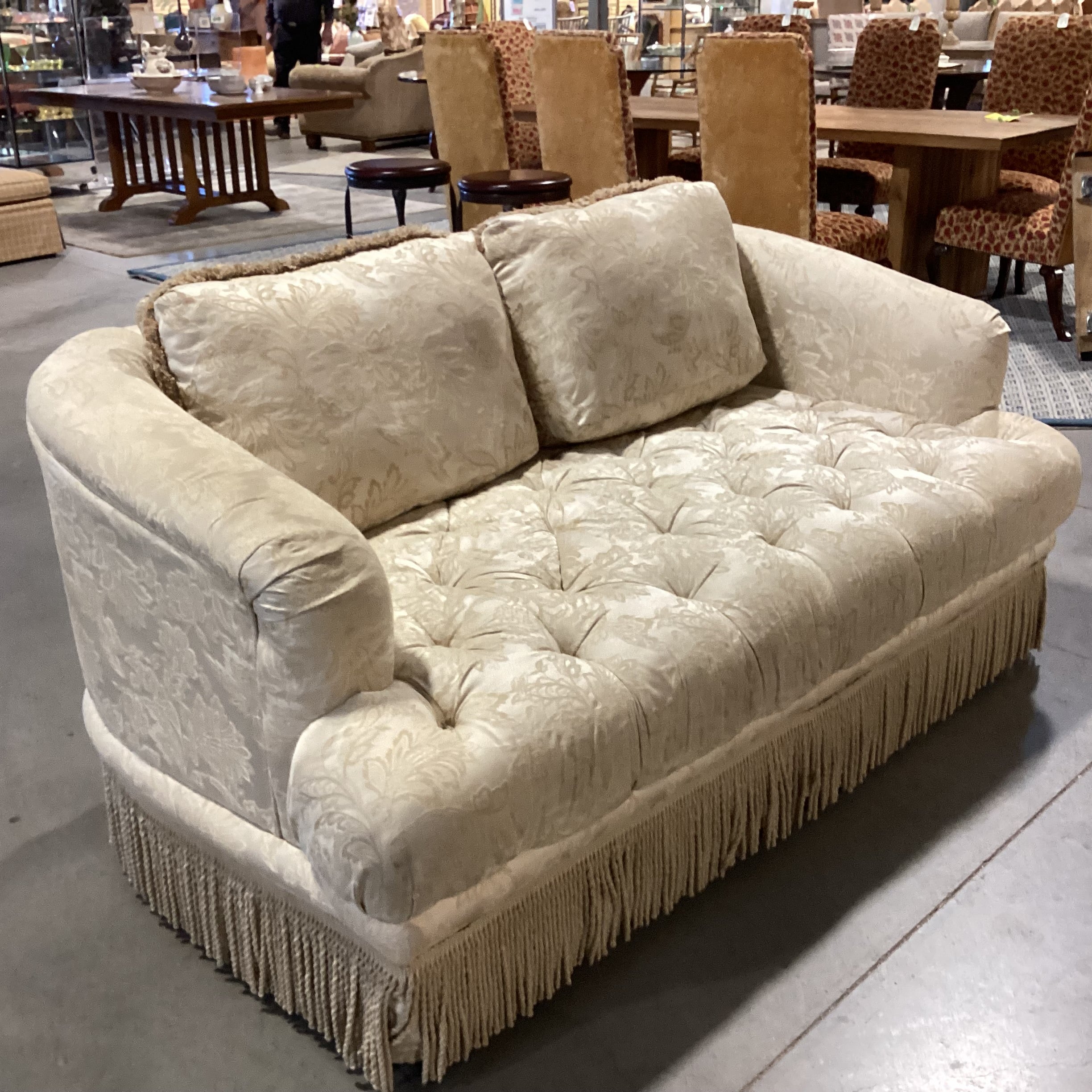 Cream Gold Raised Floral Tufted with Fringe Sofa 71"x 39"x 33"