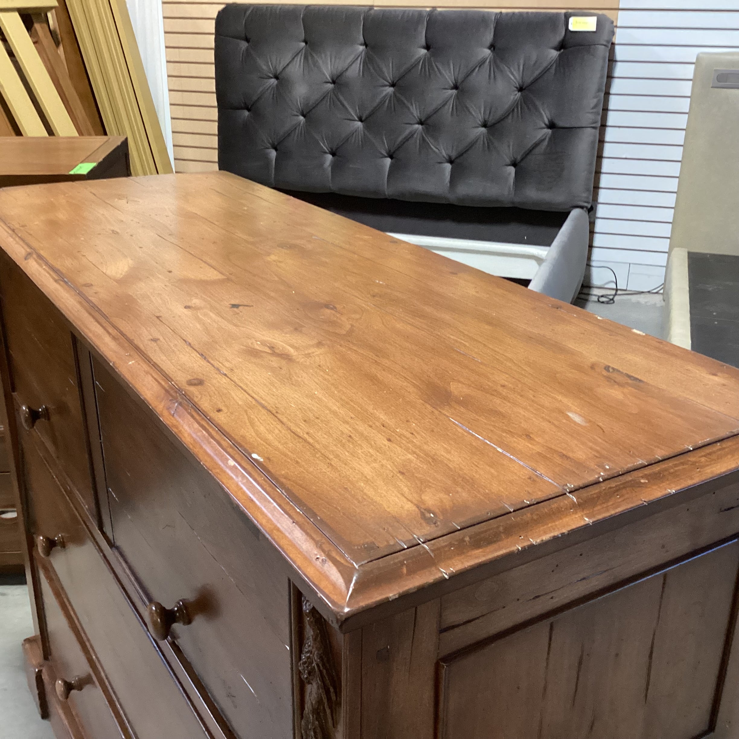 Distressed Finish Carved Pine Cone Wood 2 Drawer & Lift Top Media Dresser 34"x 20"x 43"