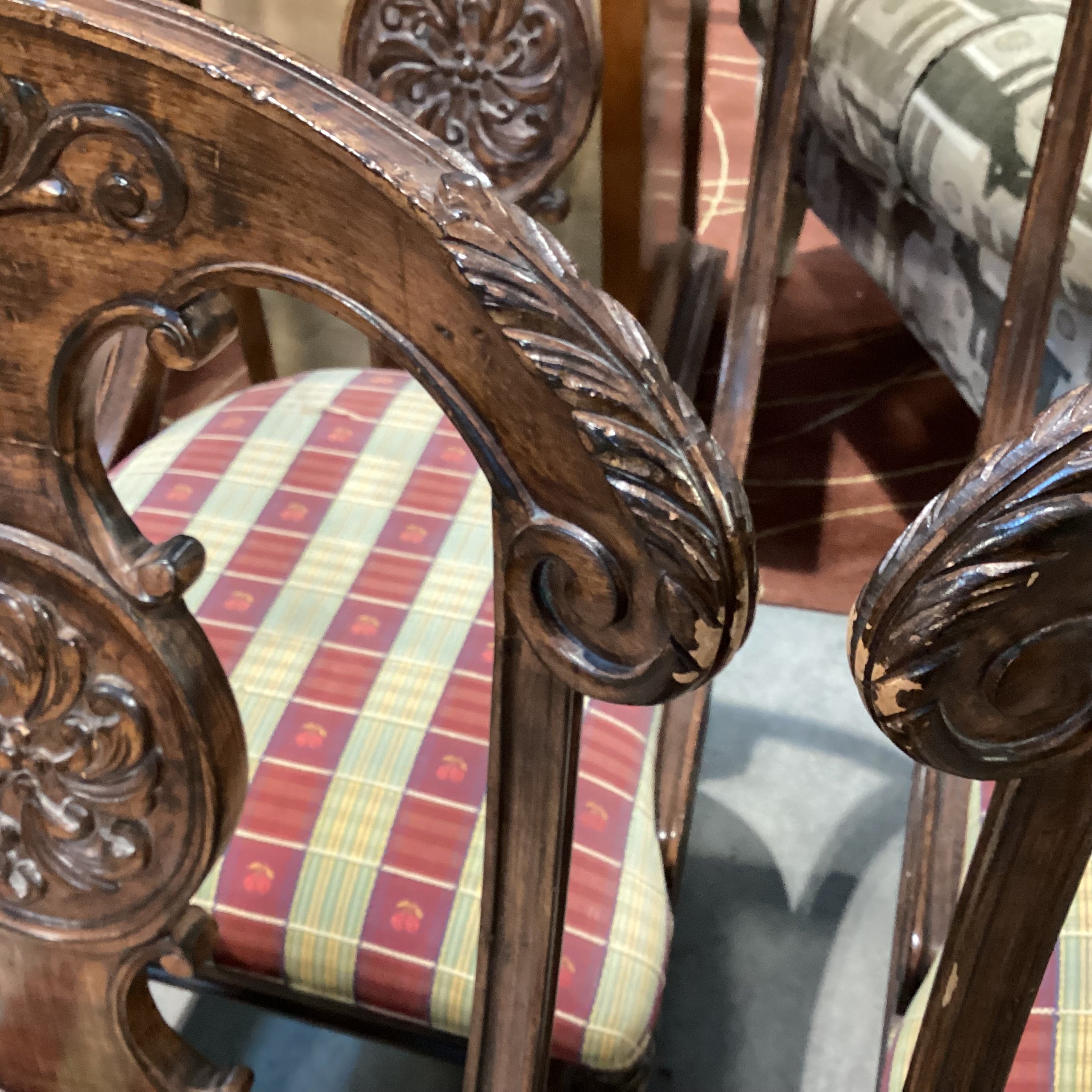 SET of 6 Ornate Carved Wood & Gold Red Cherry Ribbon Dining Chairs 20"x 24"x 38"