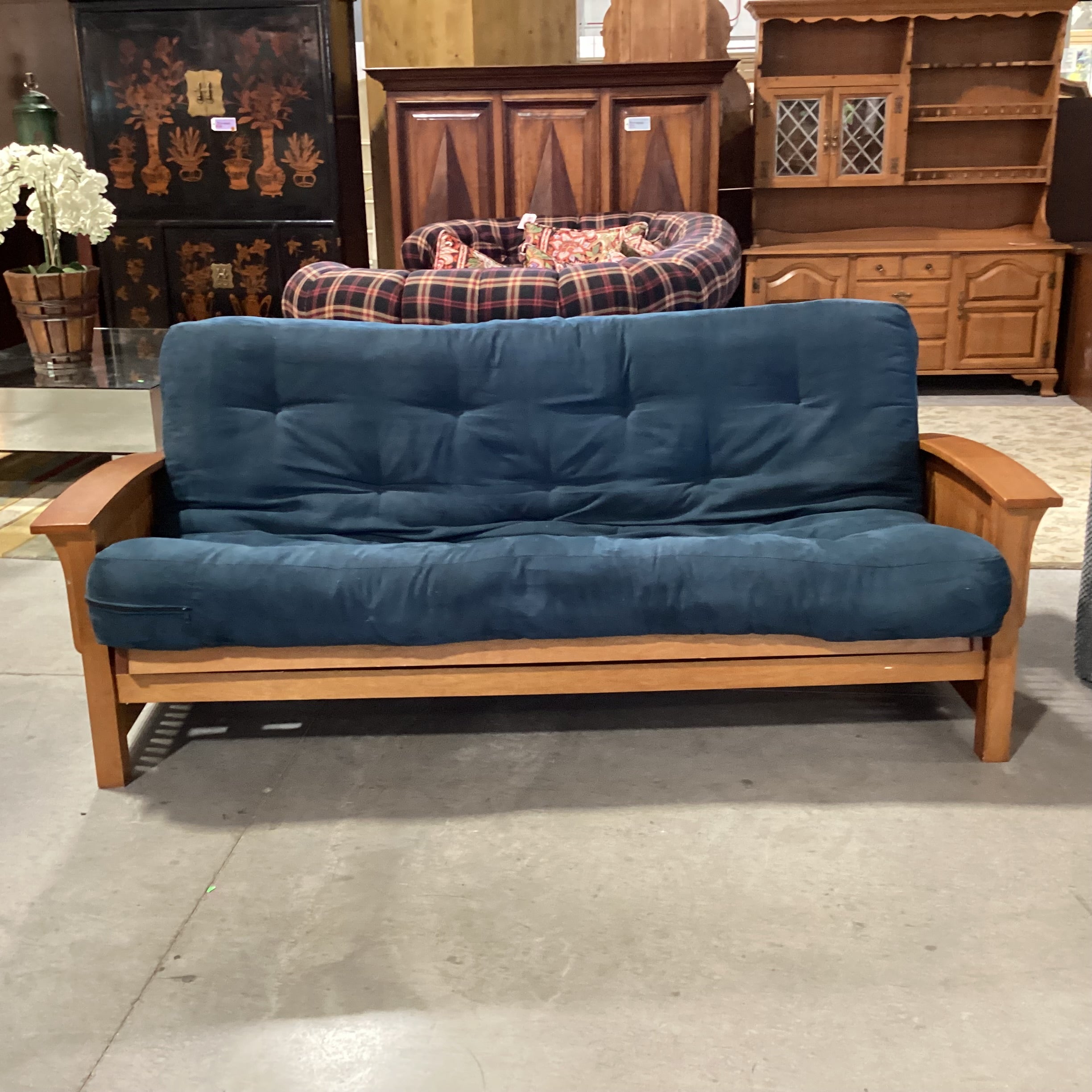 Wood Frame & Blue Micro Suede Cushion Futon Sofa 83"x 41" to 55"x 35"