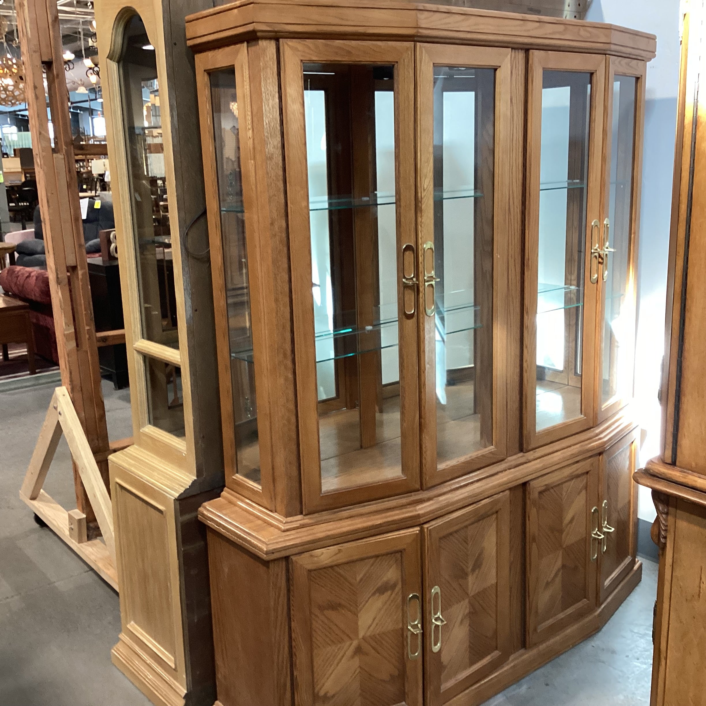 Oak Veneer Wood & Glass 8 Door & Shelves 2 Piece China Hutch 64"x 17"x 75"