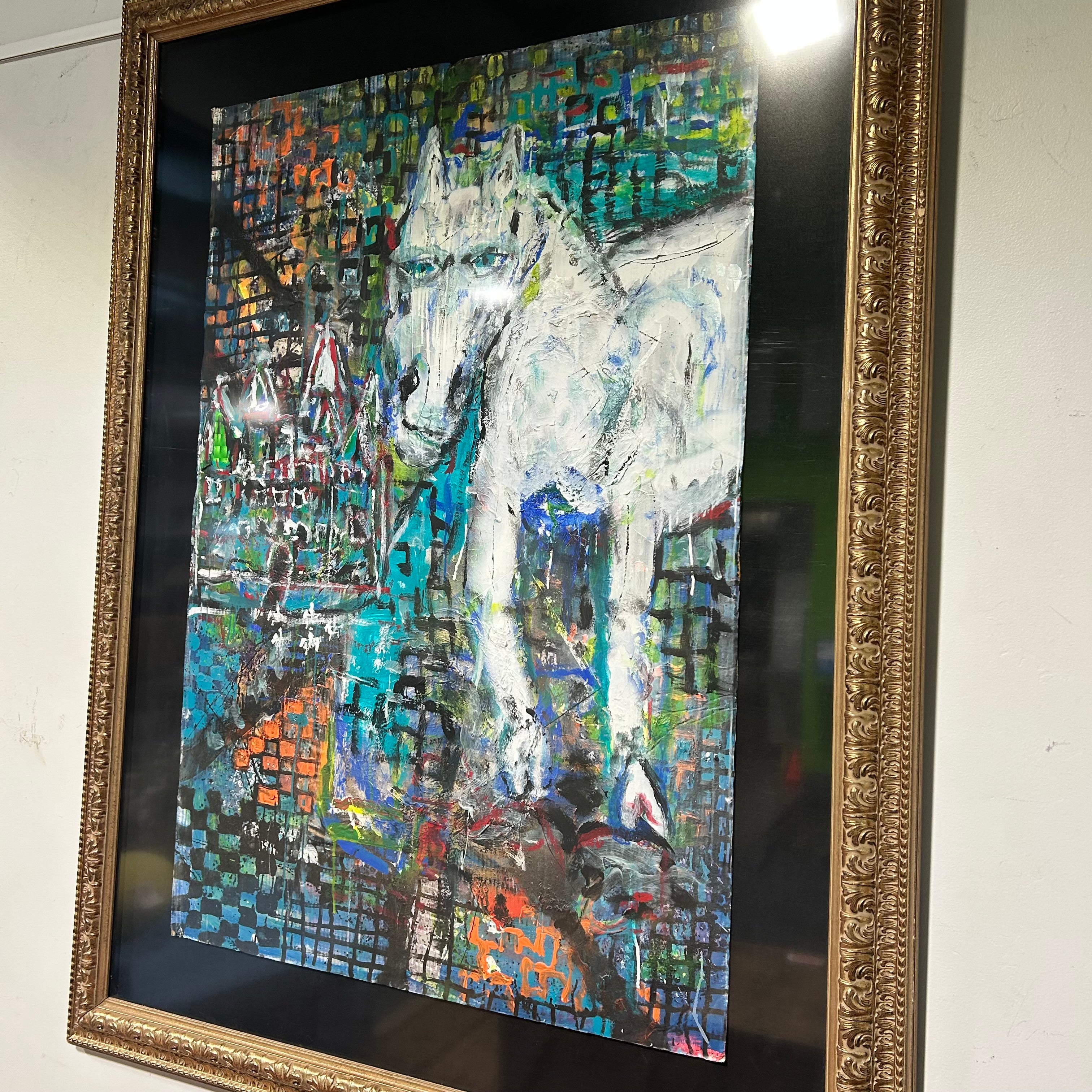 Large Mixed Media Abstract  Colorful White Horse And Castle 52"x 69"