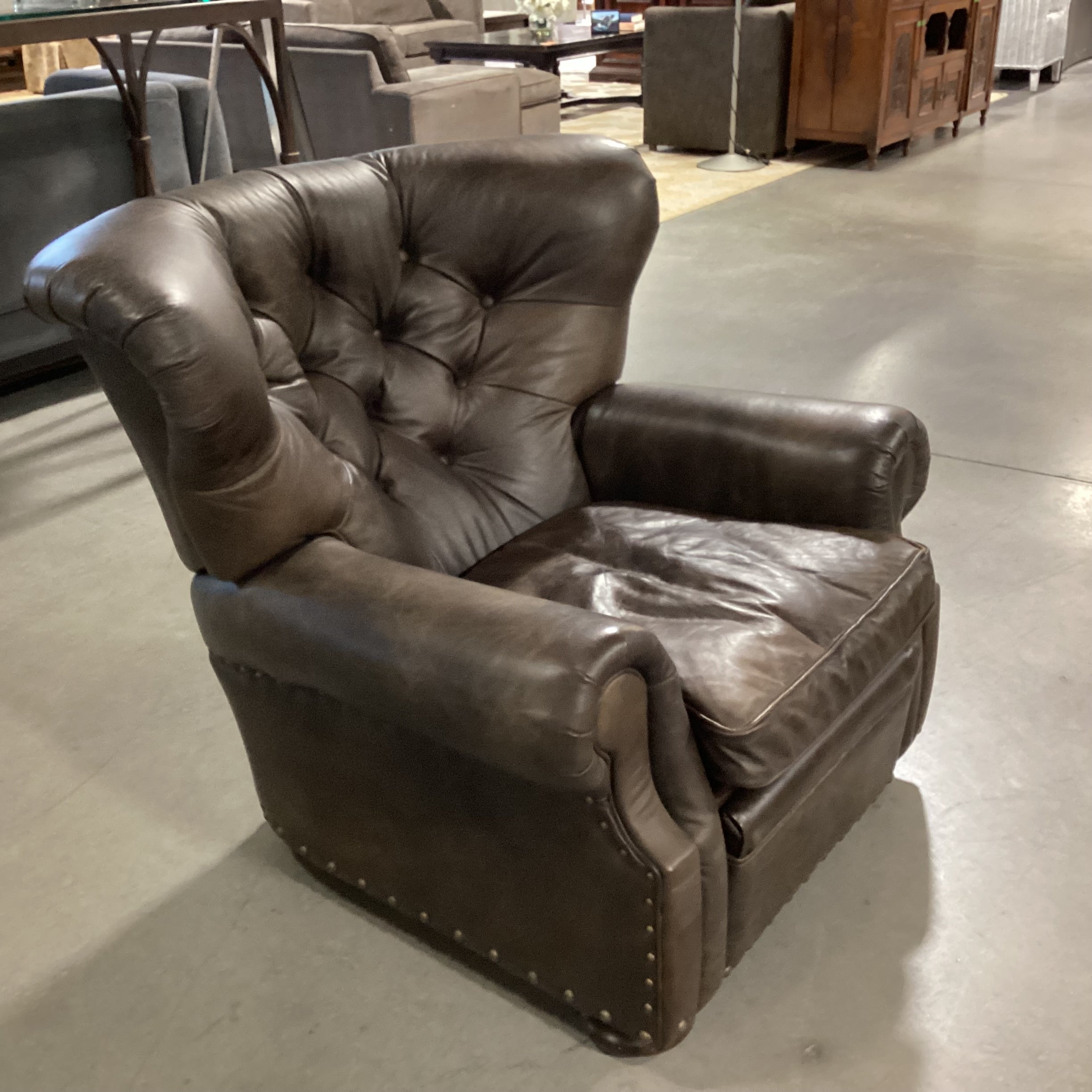 Restoration Hardware Taupe Brown Leather Tufted Nailhead Recliner Chair 42"x 36"x 36"