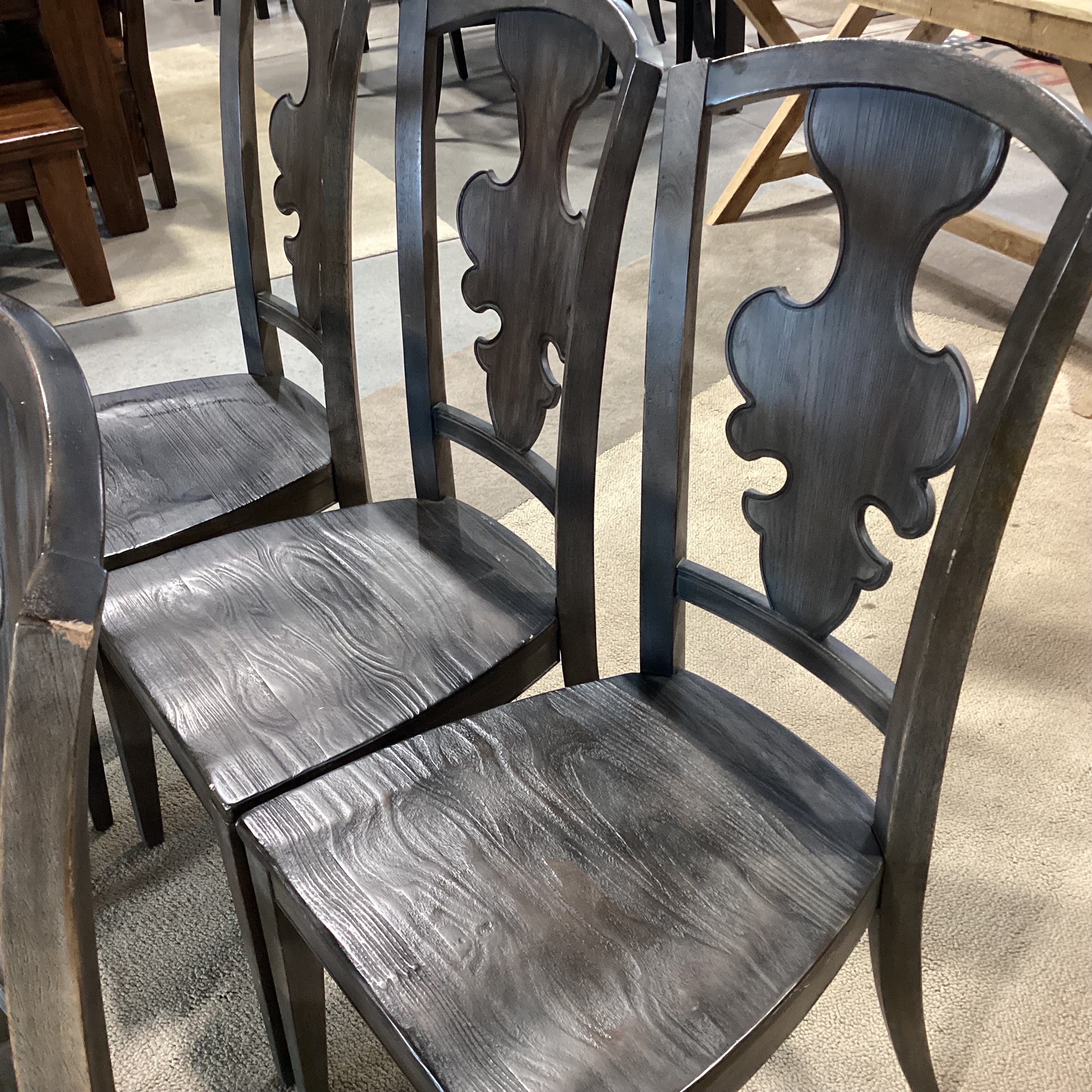 SET of 6 French Country Grey Washed Wood with Detail Back Dining Chairs 19"x 20"x 41.5"