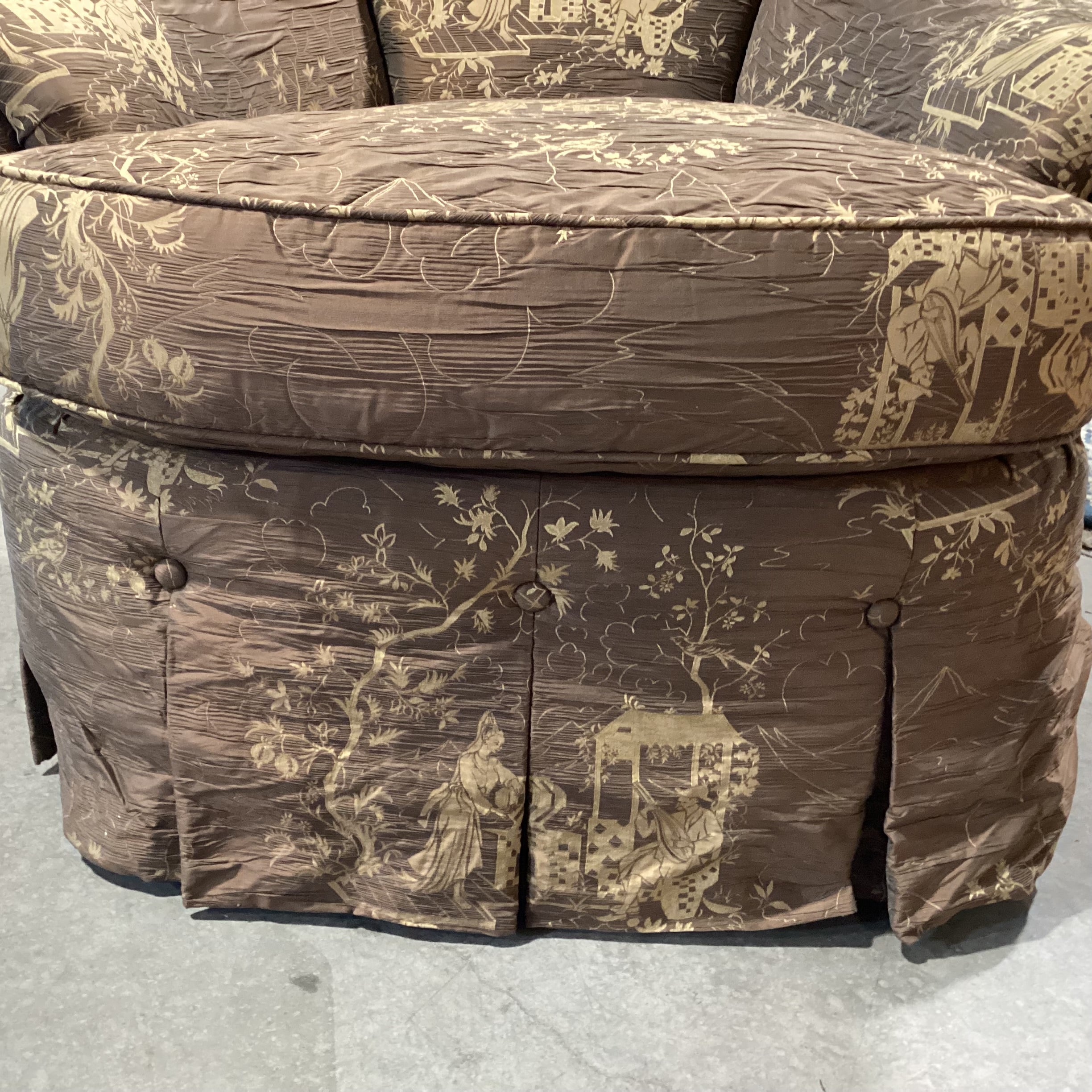 JJ Custom Brown Gold Asian Scene Silky Crinkle Upholstery Tailored Button Skirt Chair 35"x 36"x 32"