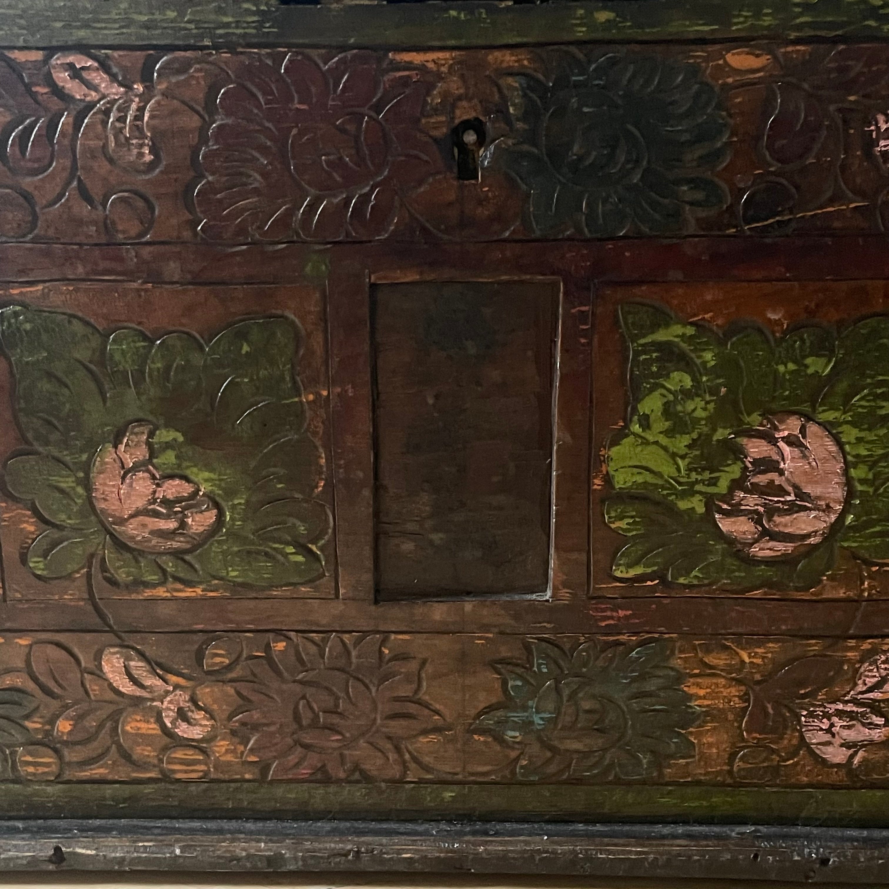 Antique Hand Painted Tibetan Wood, Iron Handles Small Travel Trunk, 23"x 10.5"x 10.75"