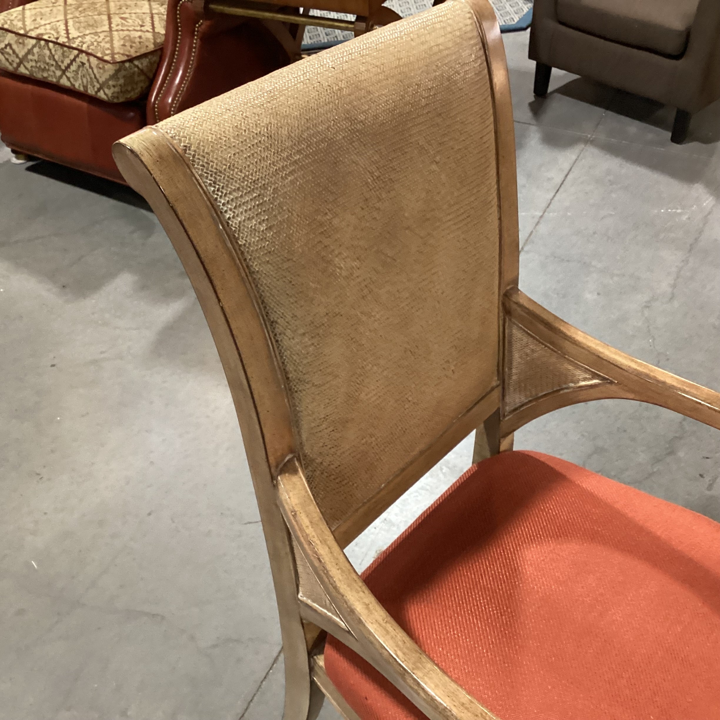 Carved Lionshead Antiqued Finish Wood Woven Leather & Burnt Orange Linen Chair 26"x 26"x 44"