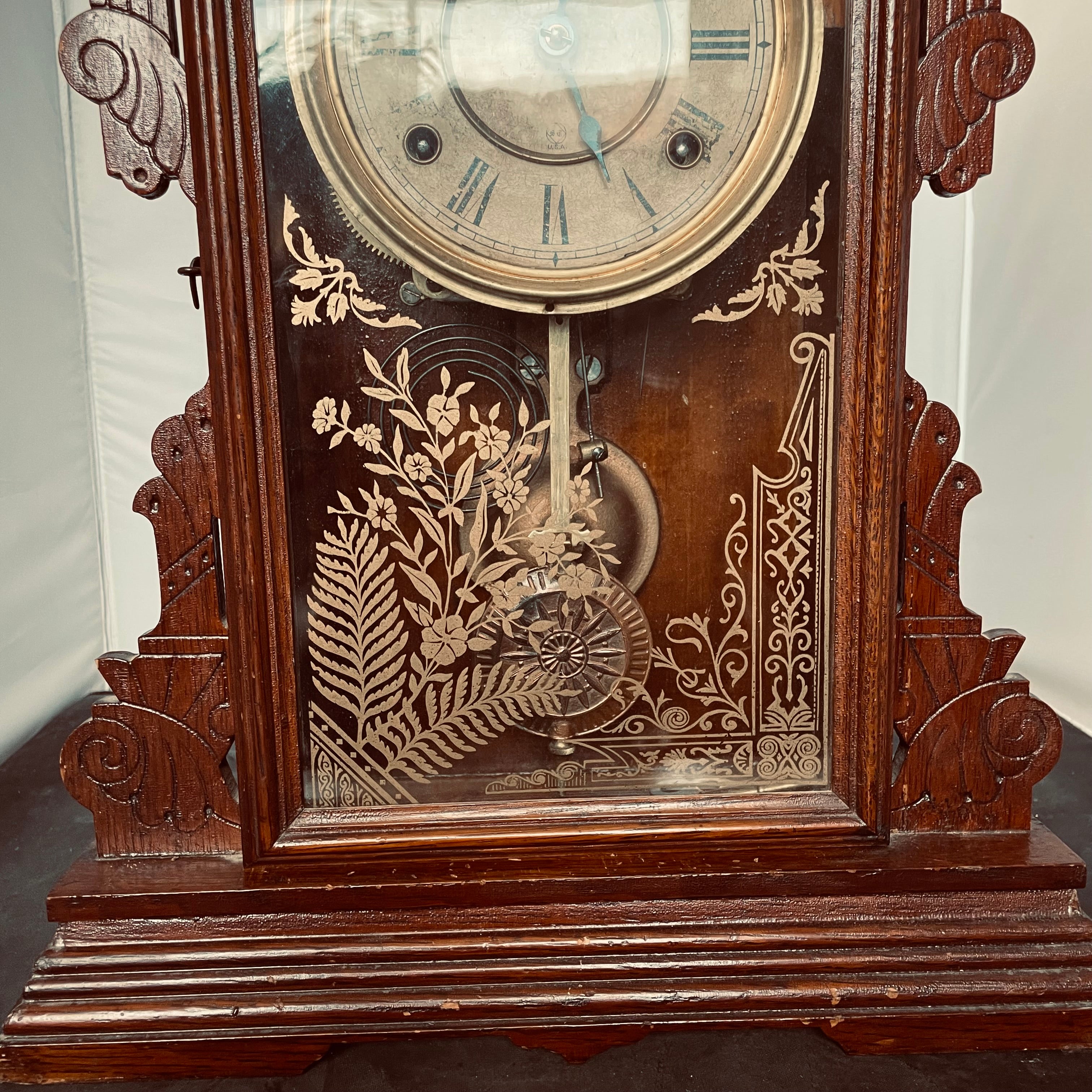 Antique Seth Thomas Parlour/"Kitchen" Carved Wood Clock, 14"x 4.5"x 21"