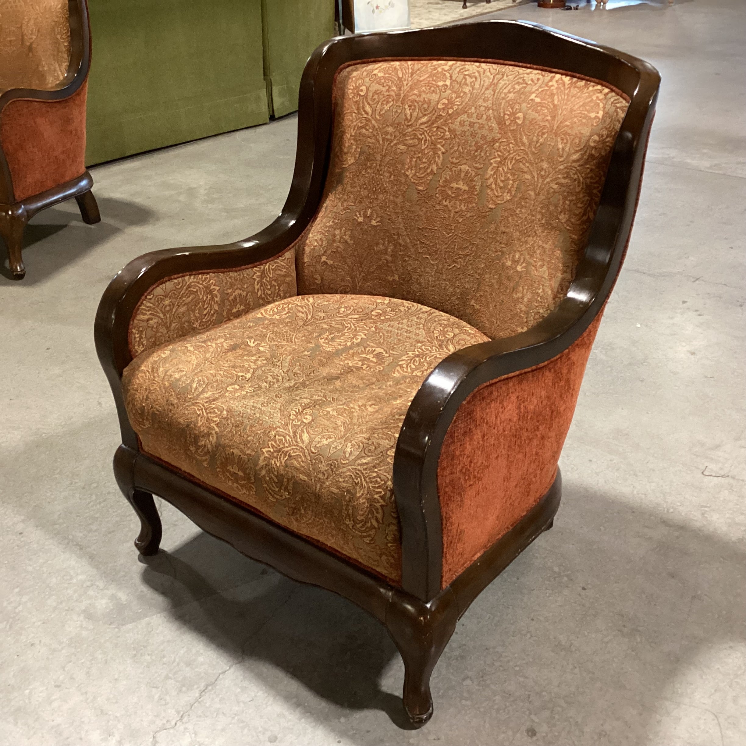 Vintage Carved Wood & Ornate Brown Burnt Orange Gold Upholstery with Raised Velvet Back Chair 29"x 31"x 38.5"