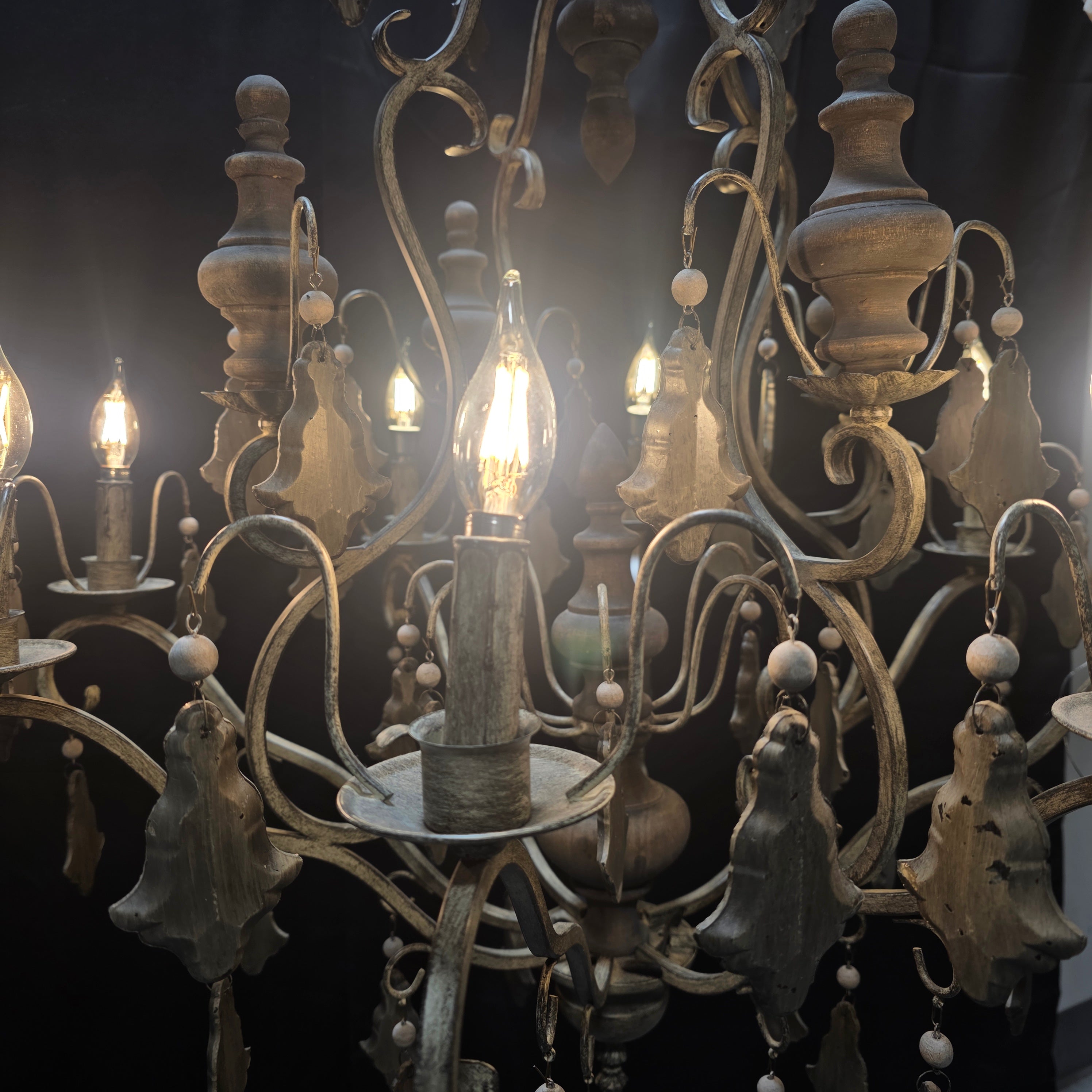 Ornate French Country Six Light Painted Glass Pendants Chandelier 33"x33"x44.5"