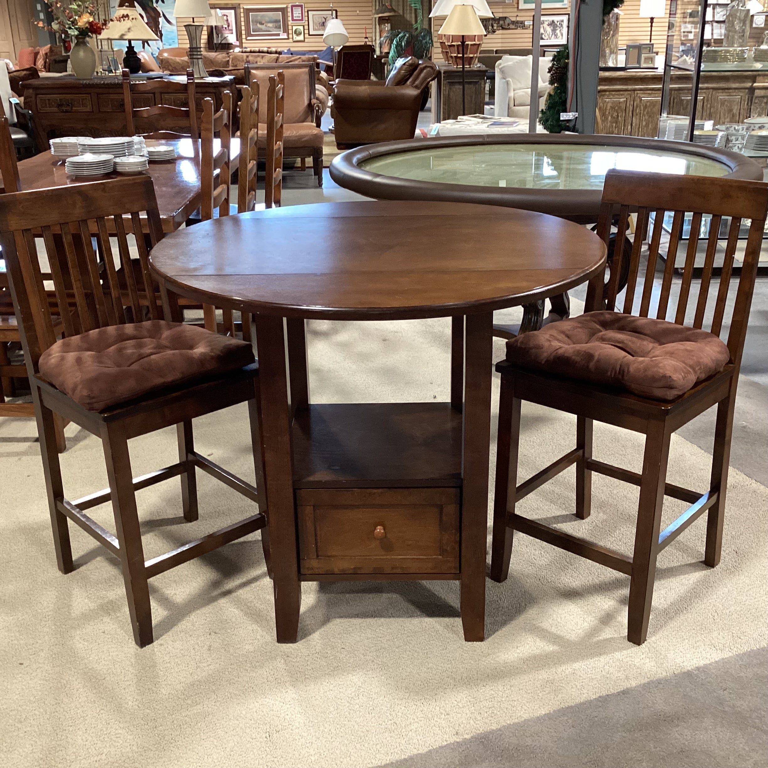 Finished Wood Round with Drop Sides & 1 Drawer Pub Height Table with 2 Barstools Dining Set 40" Diameter x 36"