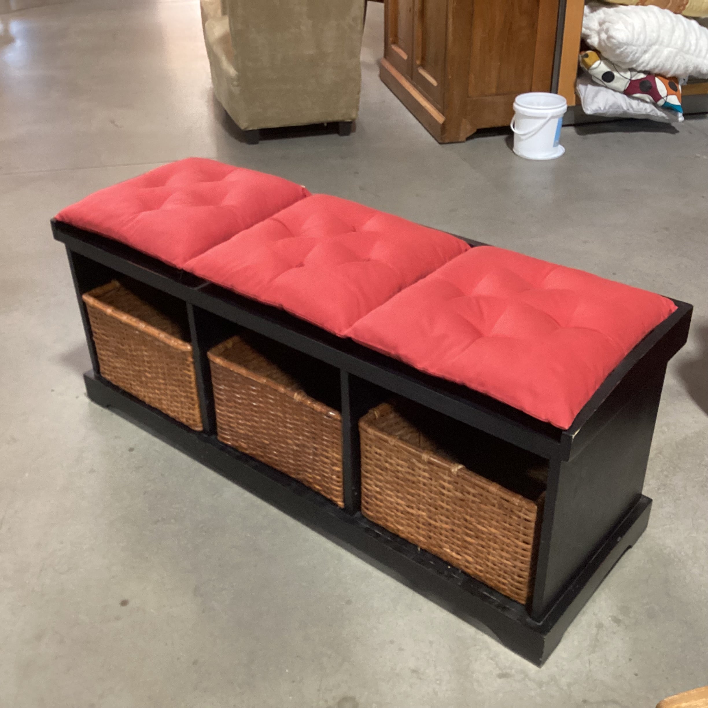 Pottery Barn Black Wood Red Cushions & 3 Baskets Storage Mudroom Bench 50"x 17"x 20"