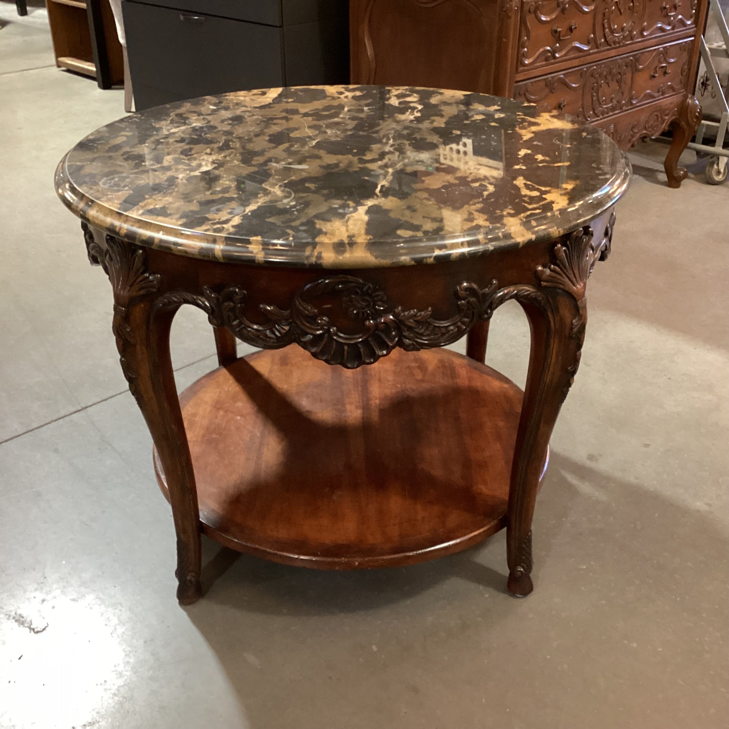 Italian Carved Wood & Black Brown Marble Round Accent Table 36" Diameter x 28.5"