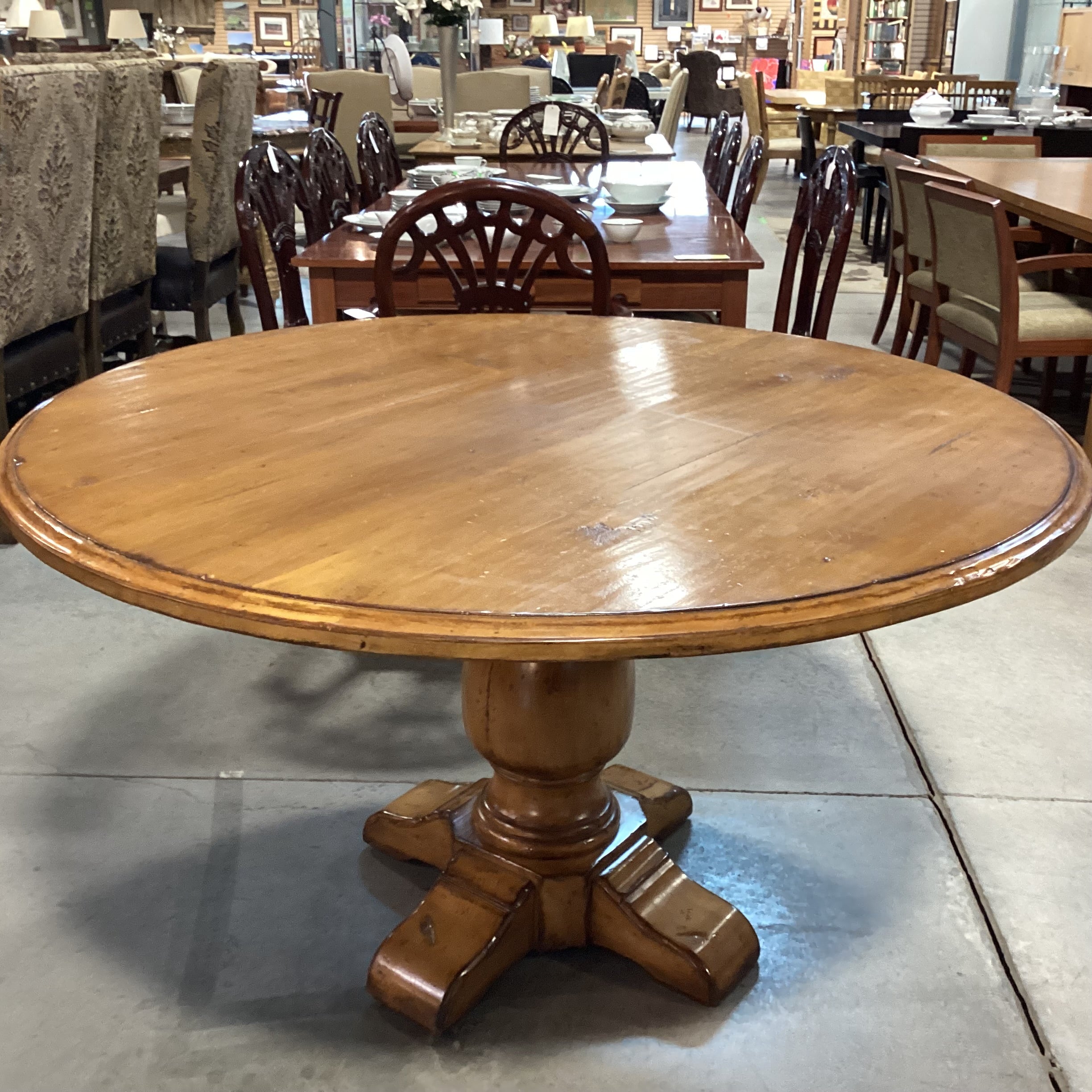 Distressed Finished Wood with Carved Pedestal Round Dining Table 54" Diameter x 30.5"