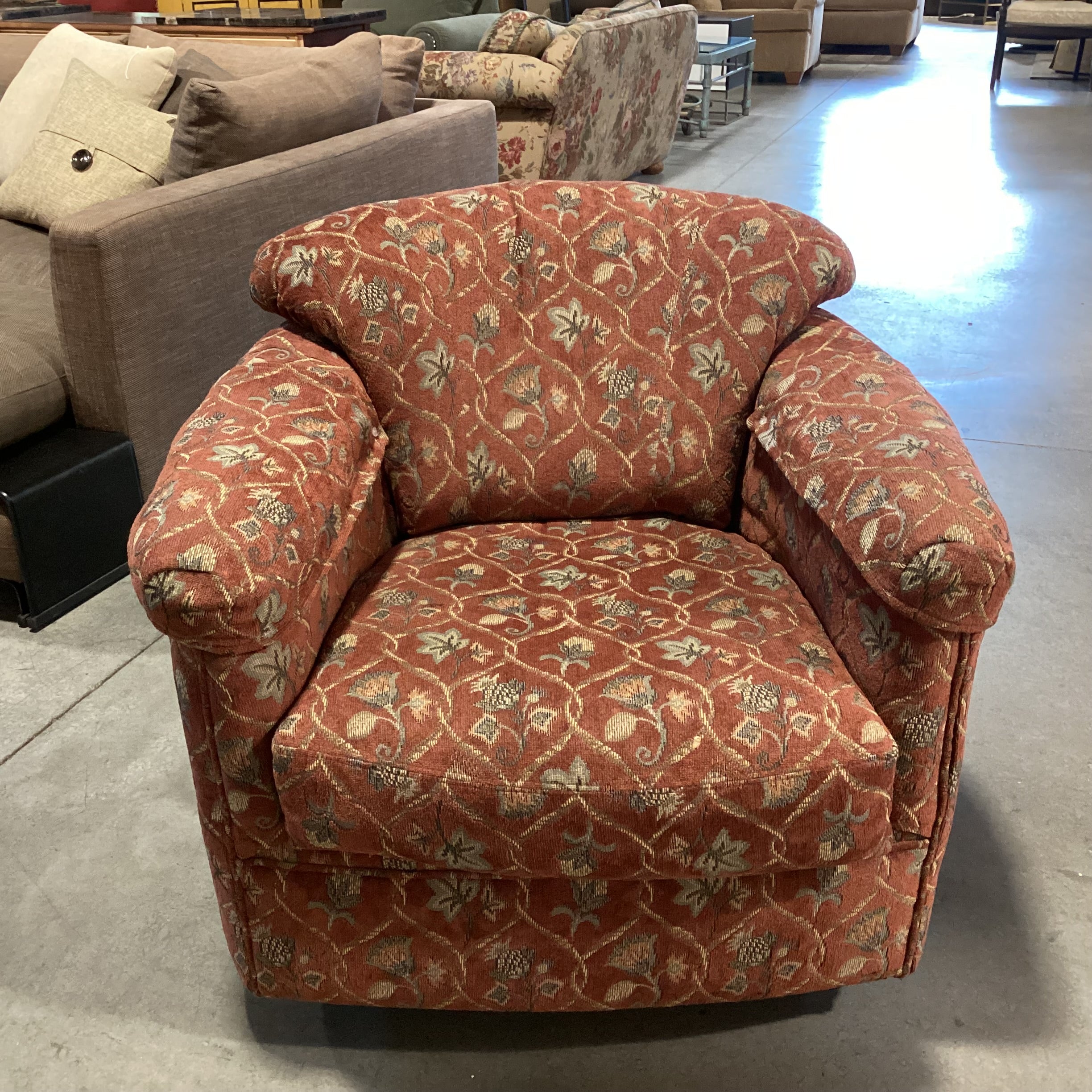 Flexsteel Rust & Sage Leaf Floral Swivel Rock Barrel Chair 33"x 33"x 31"
