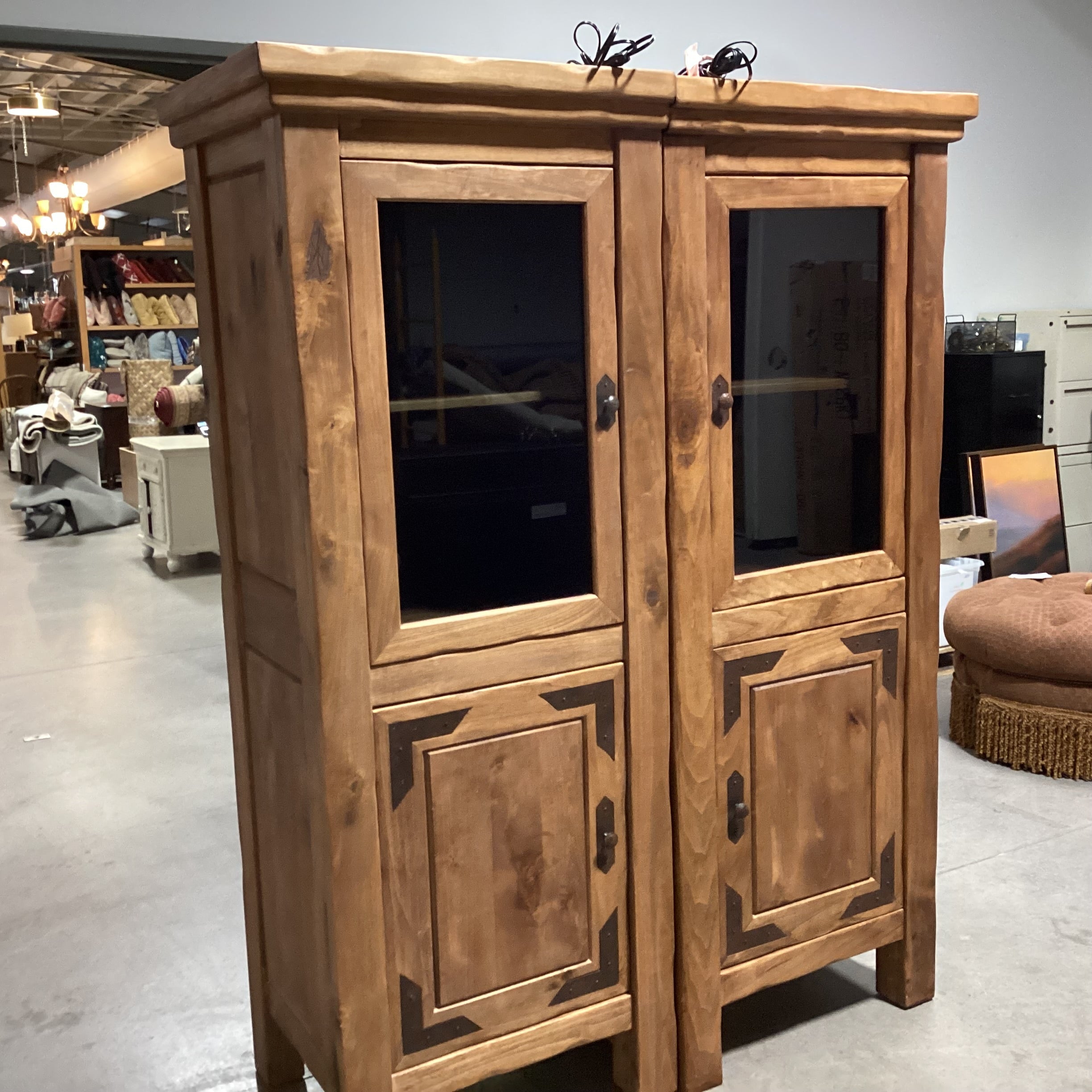 SET of 2 Solid Rustic Wood 4 Door with Shelves Double Lighted Cabinet Bookcase 57"x 23"x 75"