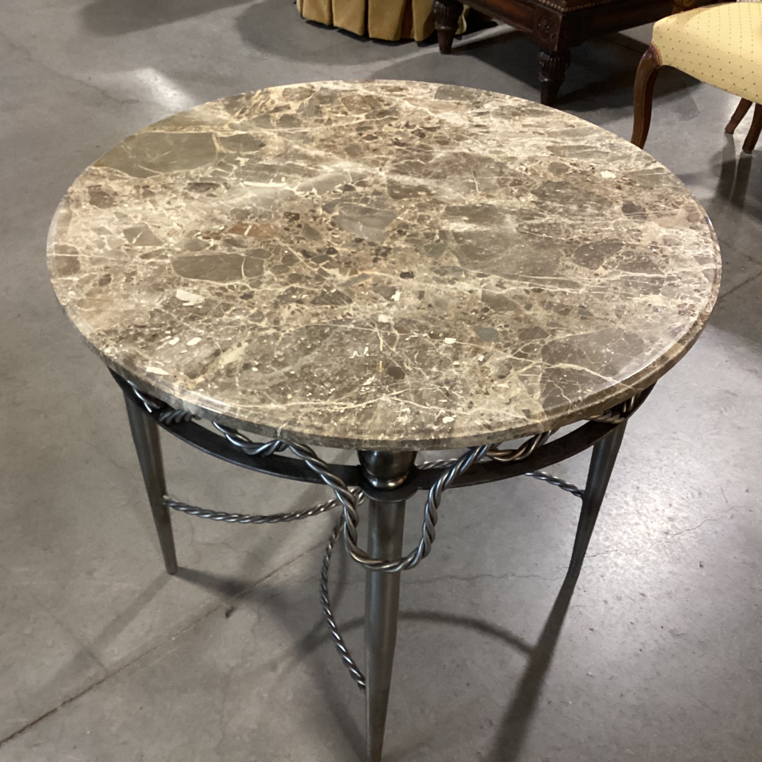 Yale R Burge Antiques Vintage Reproduction Steel Rope Design & Round Marble Top Accent Table 30" Diameter x 27"
