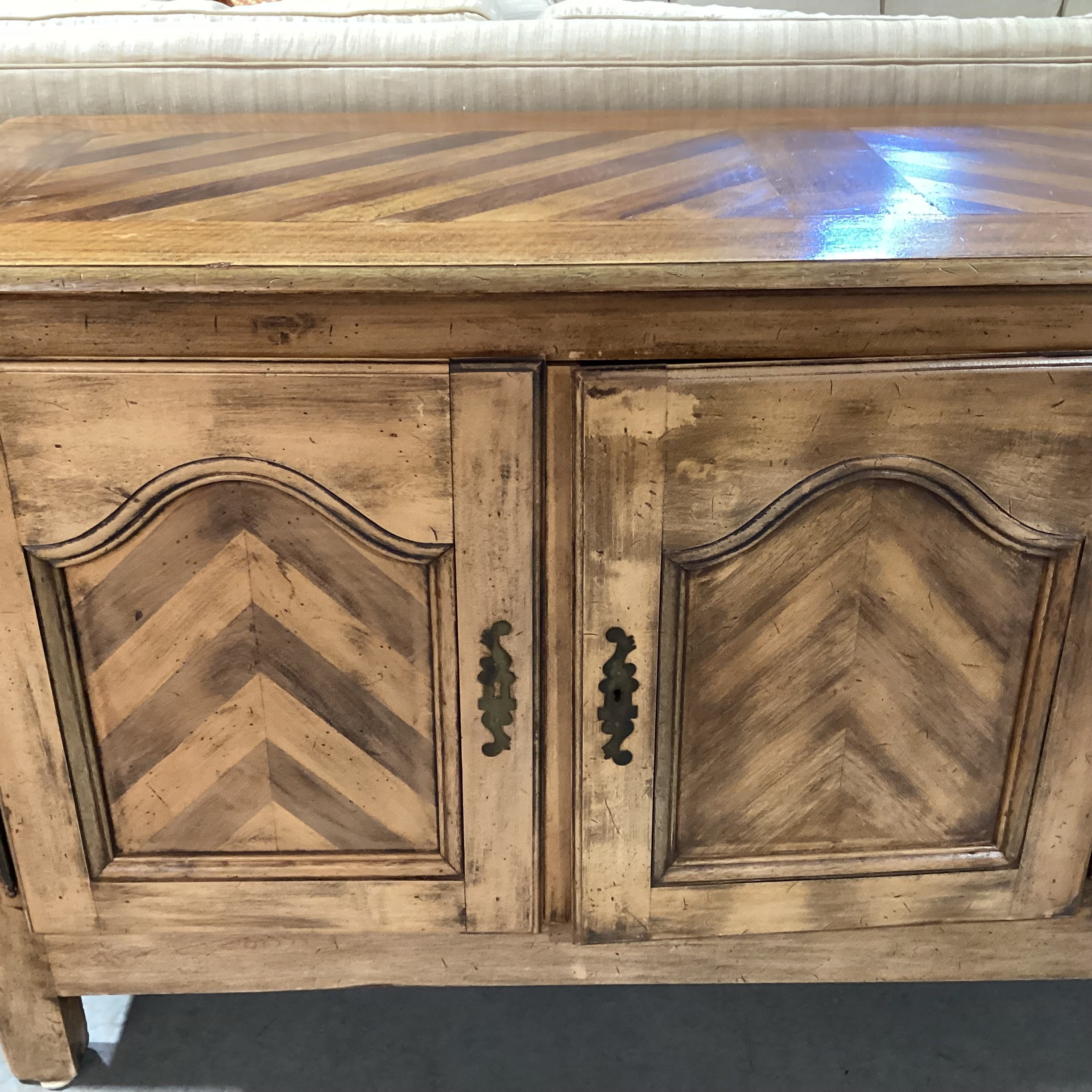 Distressed Finished Wood with Matched Chevron Detail 3 Door 4 Drawer & Shelves Sideboard 70"x 24"x 36"