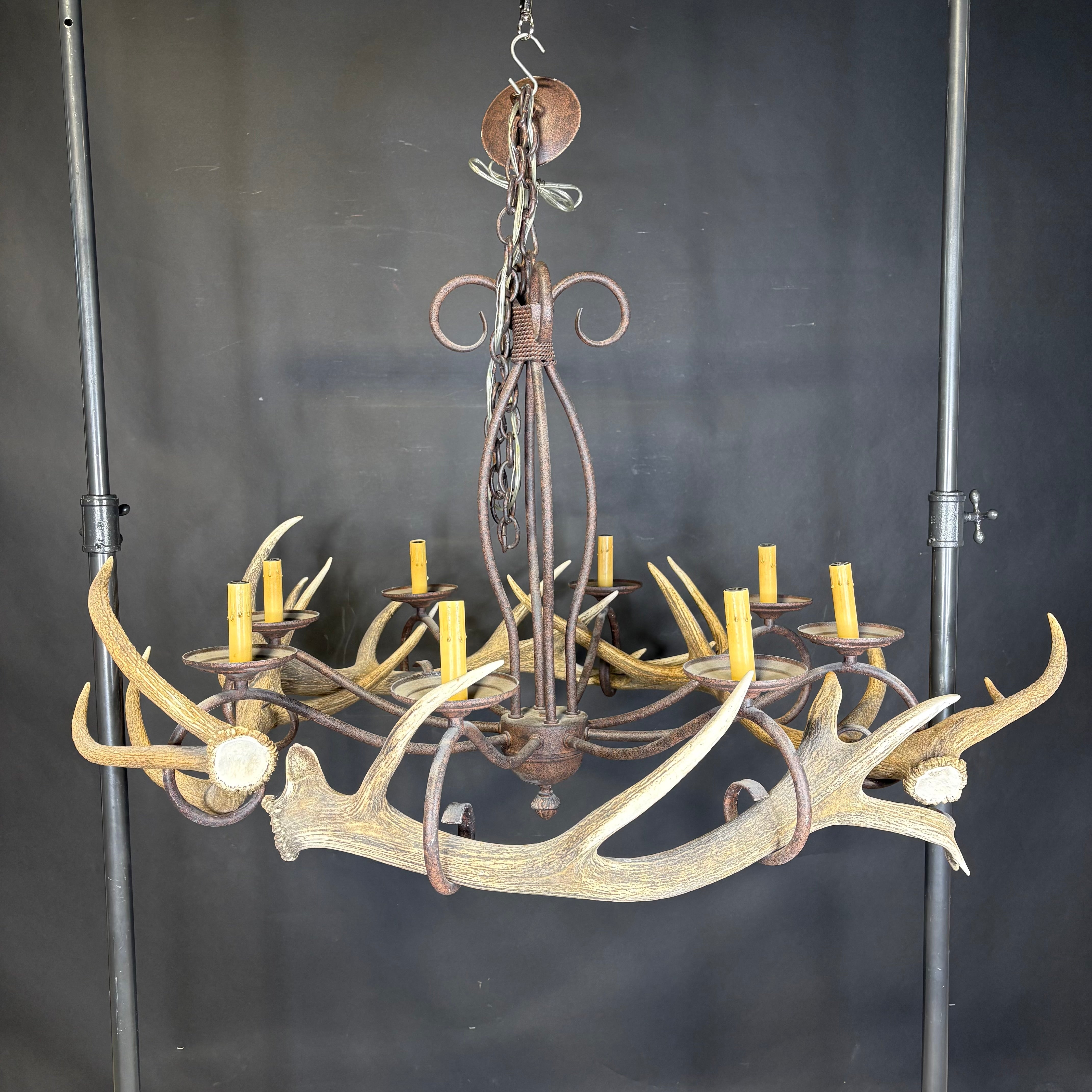 Rustic 8-Light Textured Bronze Metal with Antlers Chandelier 45” Diameter x 52”