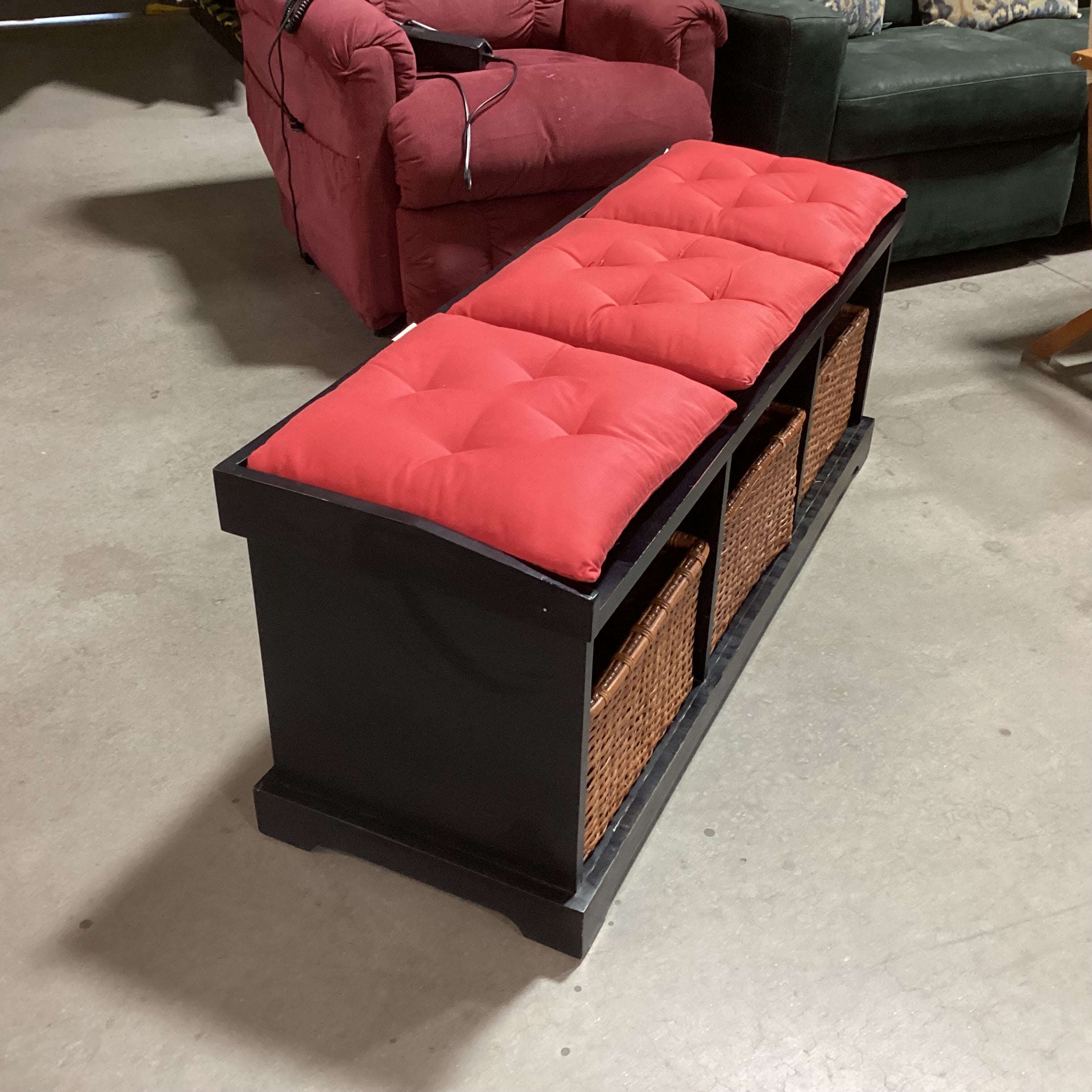 Pottery Barn Black Wood Red Cushions & 3 Baskets Storage Mudroom Bench 50"x 17"x 20"