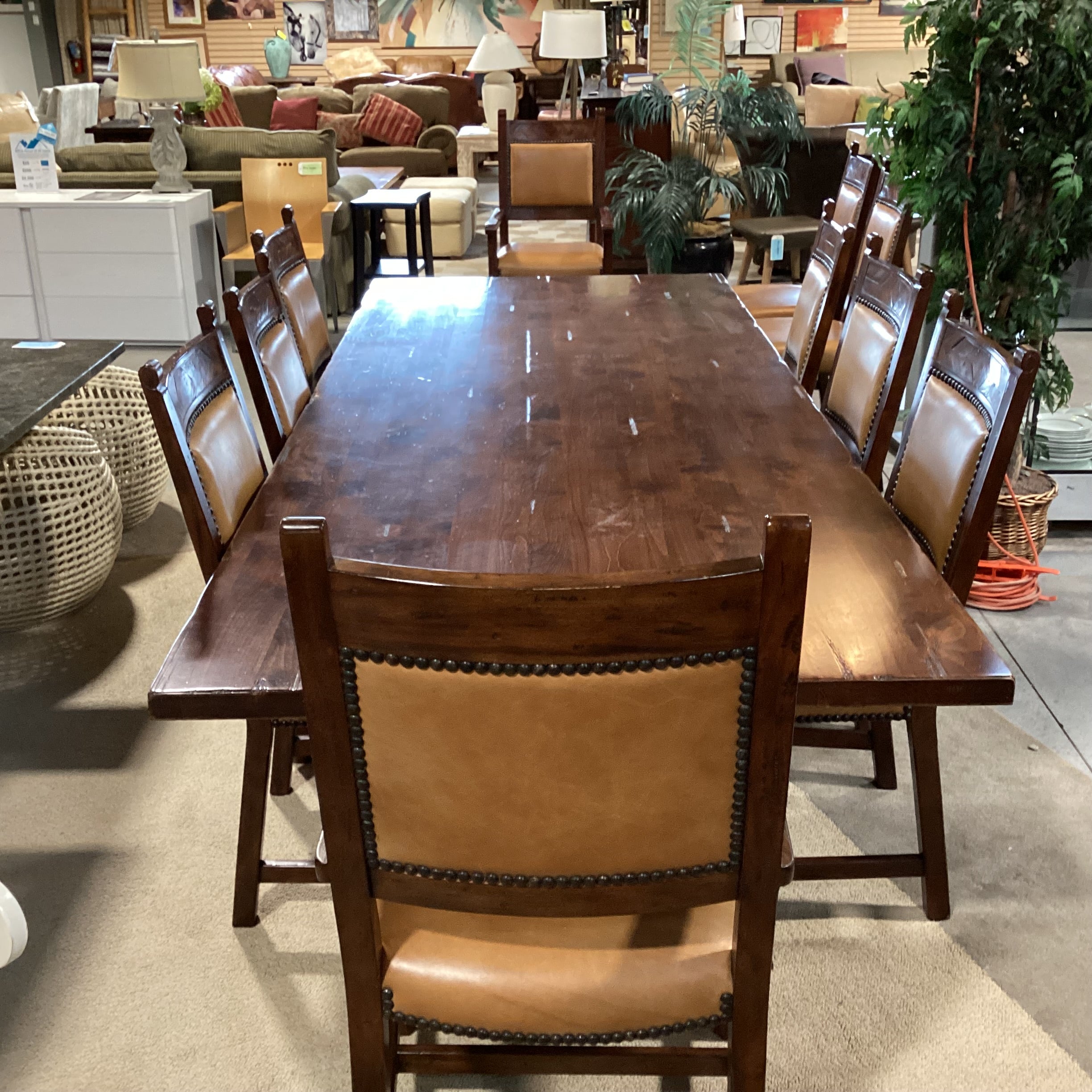 Theodore Alexander Rustic Distressed Trestle Table & 10 Leather Nailhead Carved Wood Chairs Dining Set 108"x 44"x 31"