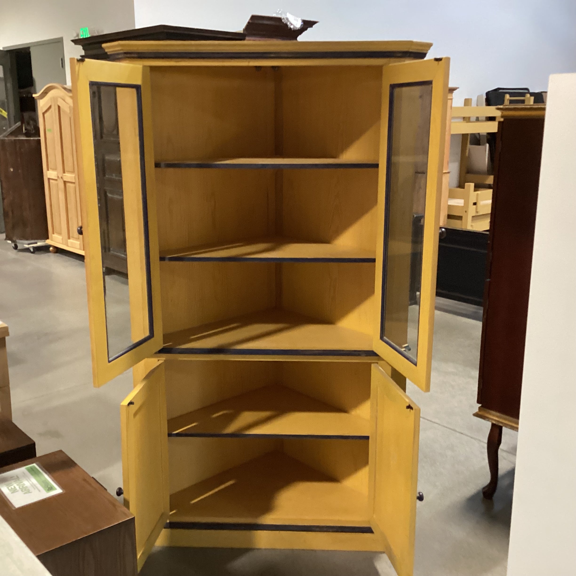 Gold & Navy Distressed Wood 2 Beveled Glass Doors & 2Wood with Shelves Corner Armoire 42"x 32"x 72.5"