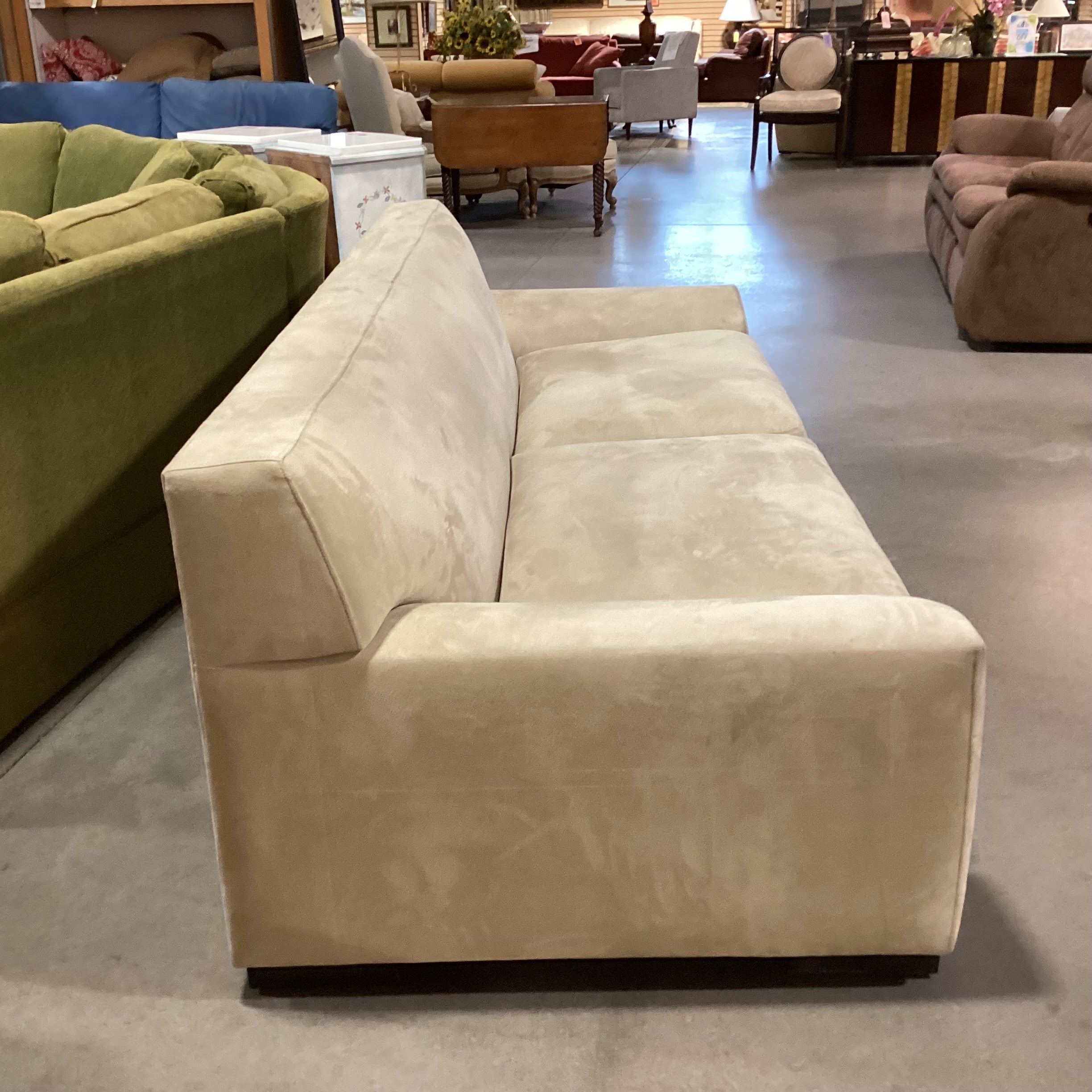 Custom Beige Ultra Suede Low Profile Modern Sofa 87"x 37"x 29.5"