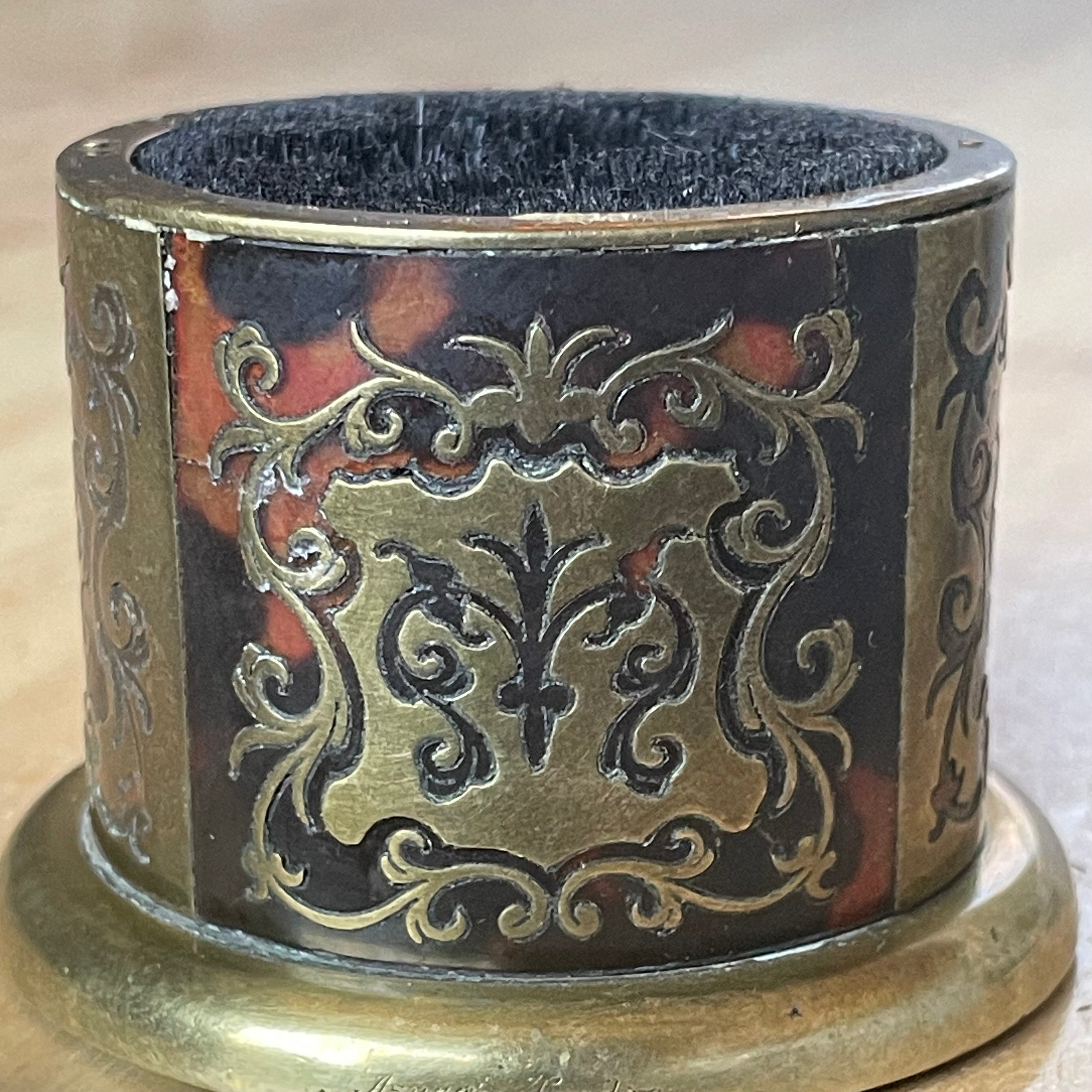 Antique Victorian Boulle Style Intricate Brass & Red Tortoise Shell Pen Pot/Wiper, 2.5"x 2"
