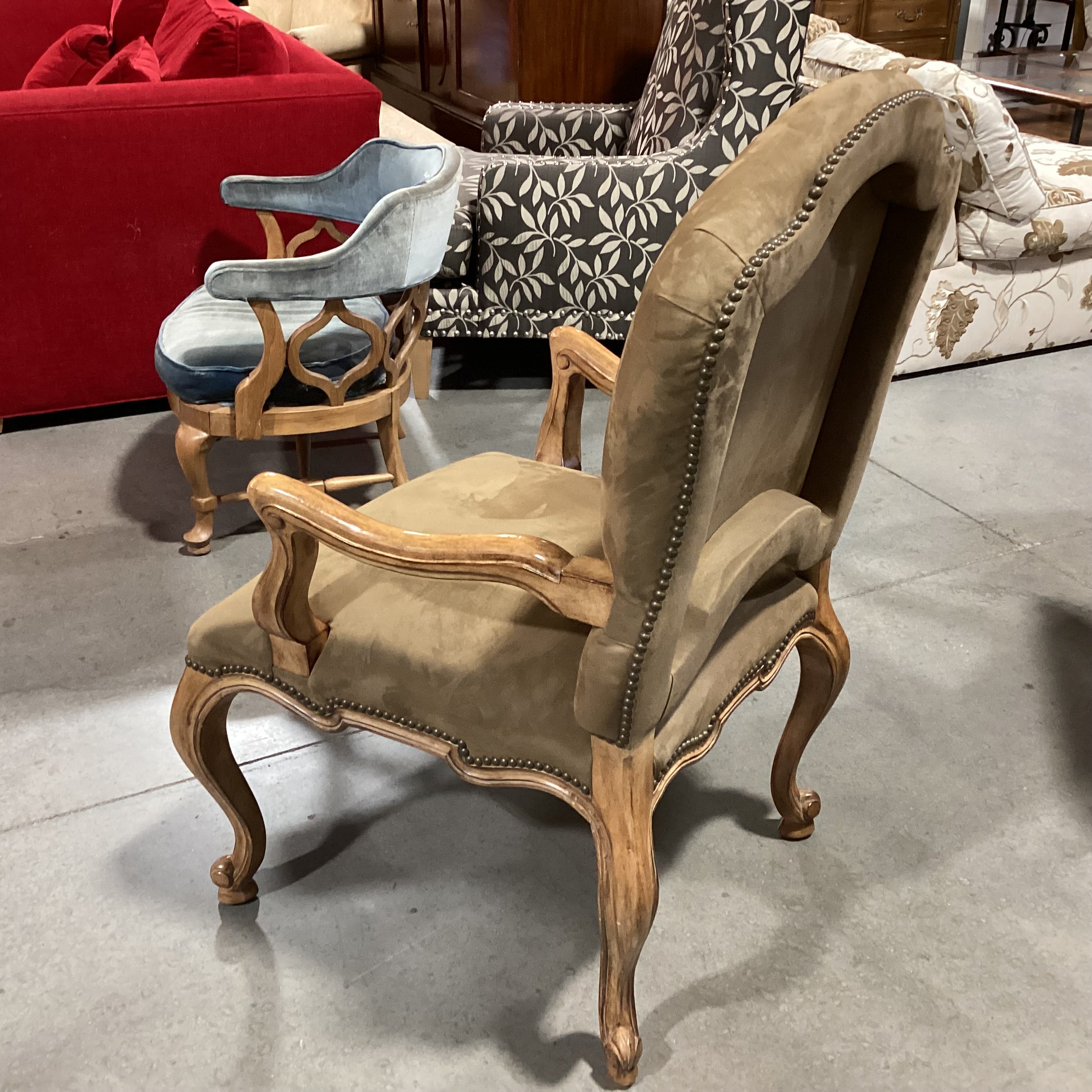 Kreiss Tan Ultra Suede Nailhead & Carved Wood Chair 27"x 27"x 44"