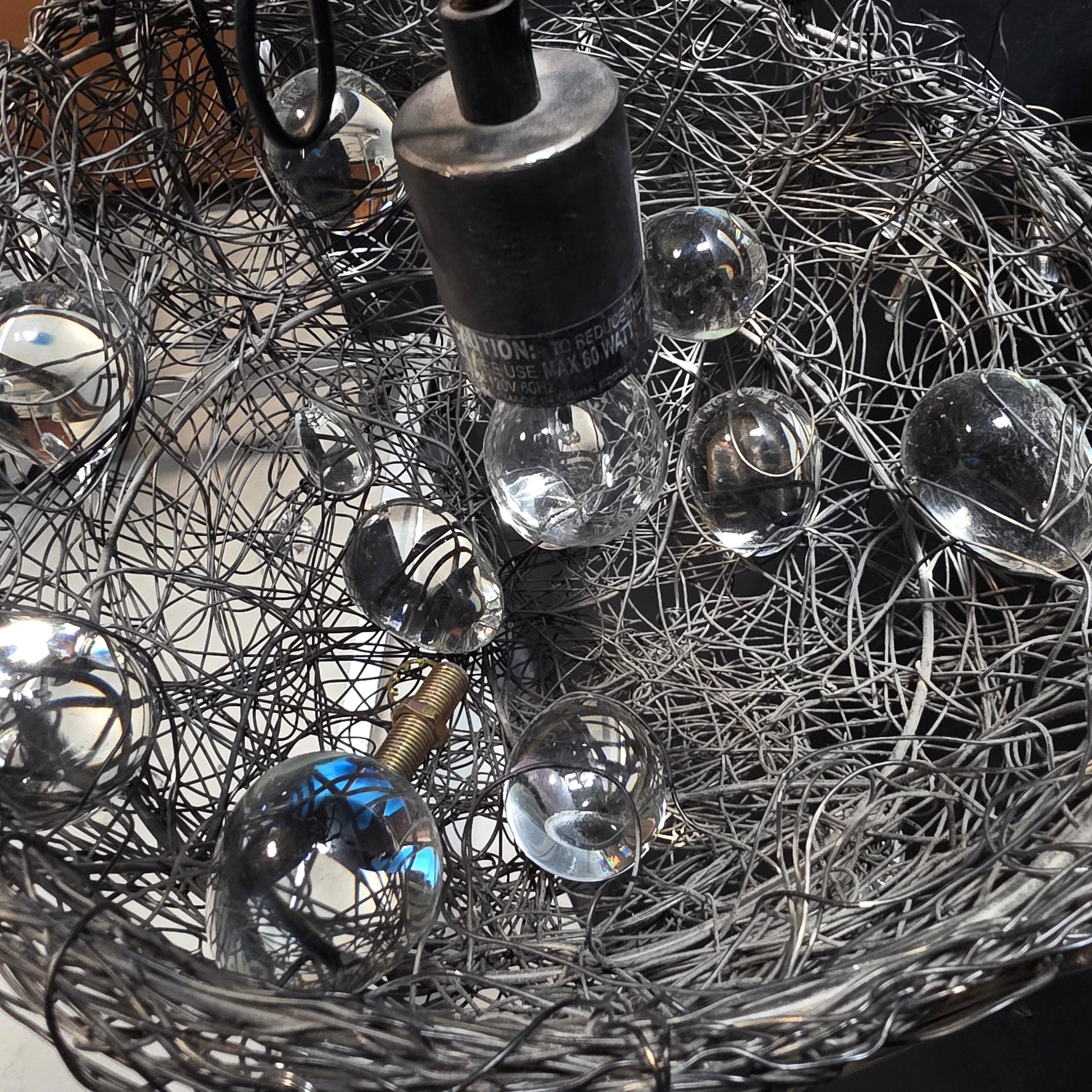 Cardinal Bird's Nest Chandelier with Glass Eggs and Glass Droplets 13"Dx8"