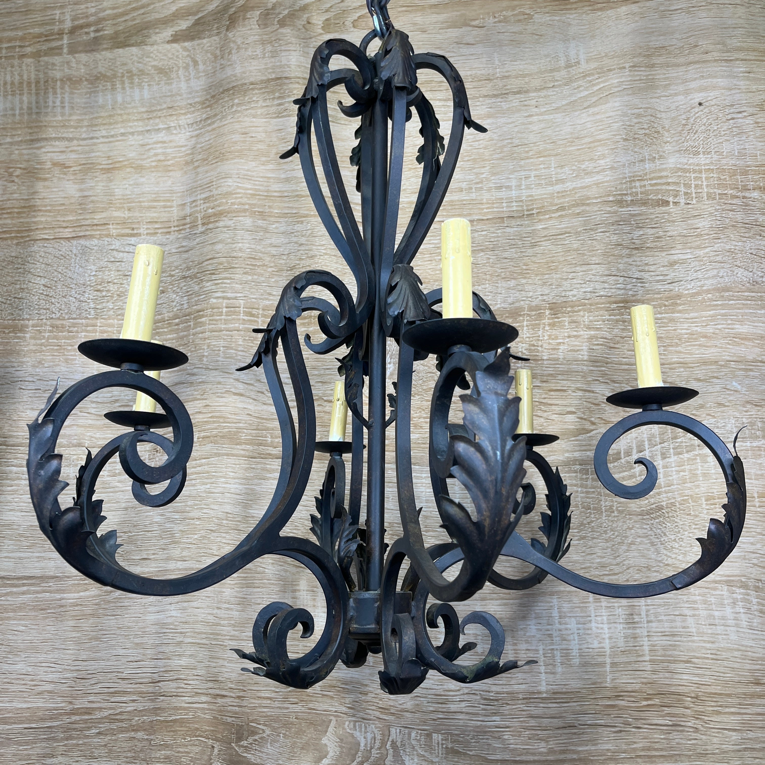 French Country Style 6-Light Bronze Iron Candelabra Chandelier 28" Diameter x 30" - 38"