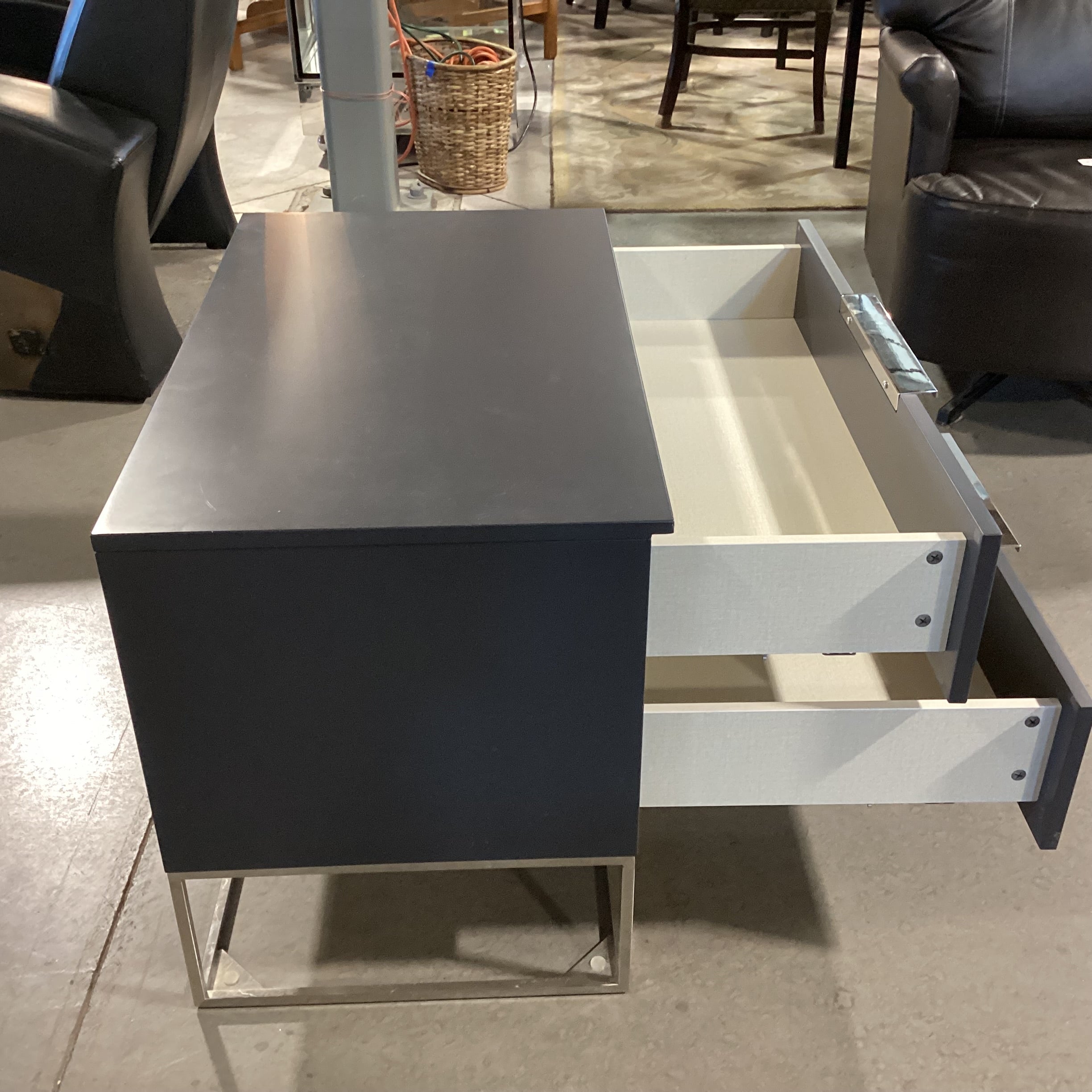 Grey Lacquered & Chrome with Soft Close Linen Lined Drawers End Table