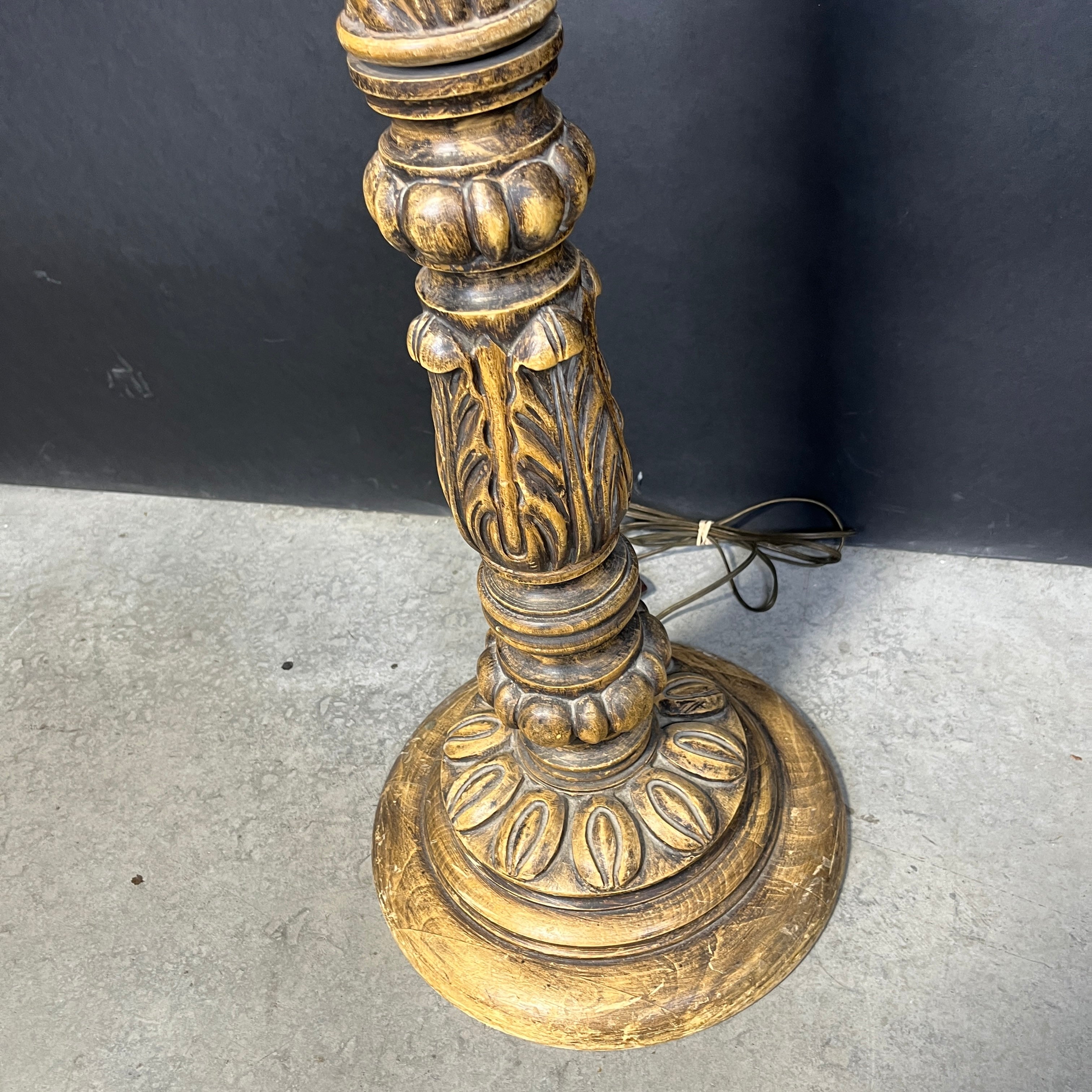 Marbro Original Hand Crafted Ornate Carved Wood and Brass with Shade Floor Lamp 19” Diameter @ Shade x 60”