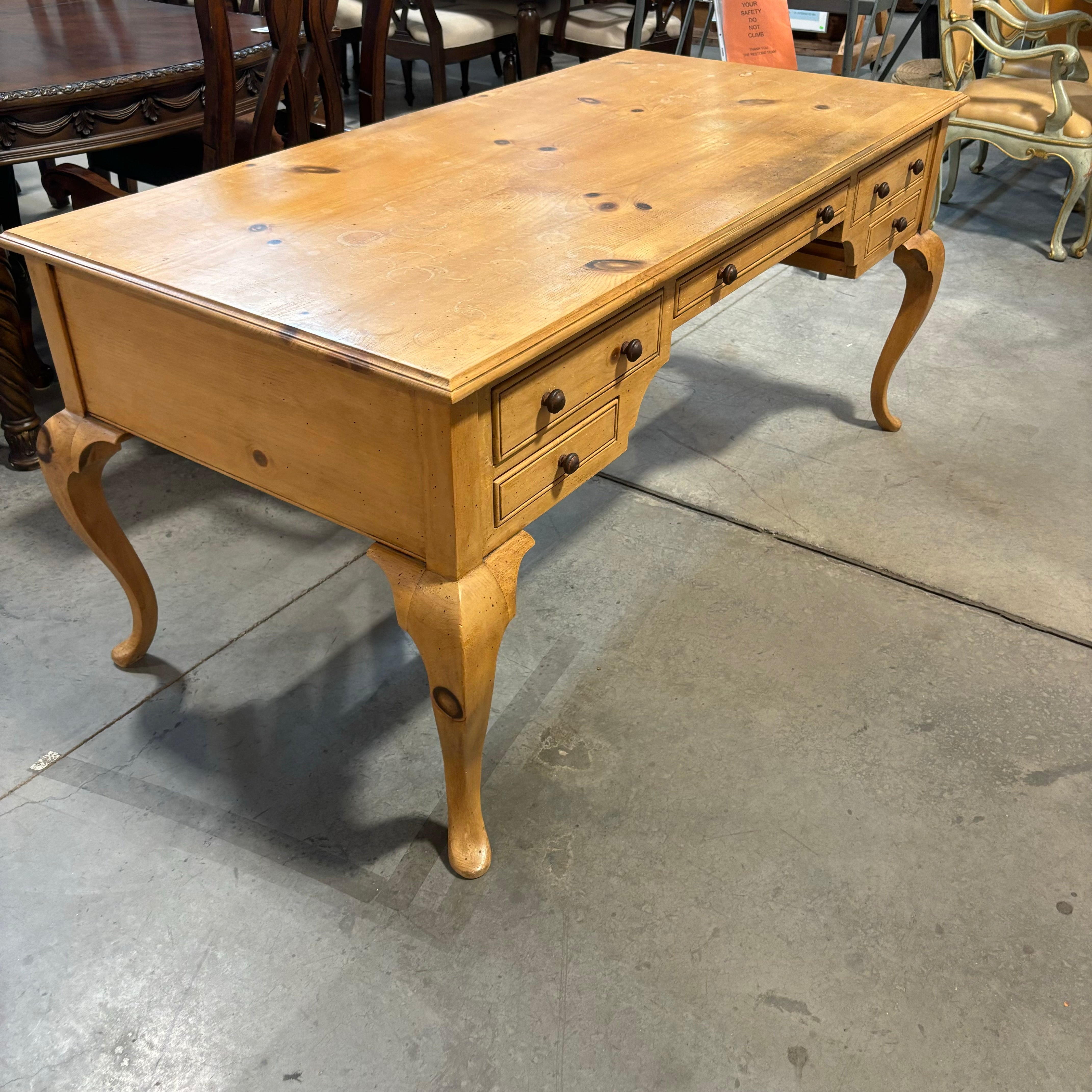 Vintage Ornate Carved Country Pine 5 Drawer Desk 66"x 33"x 30"