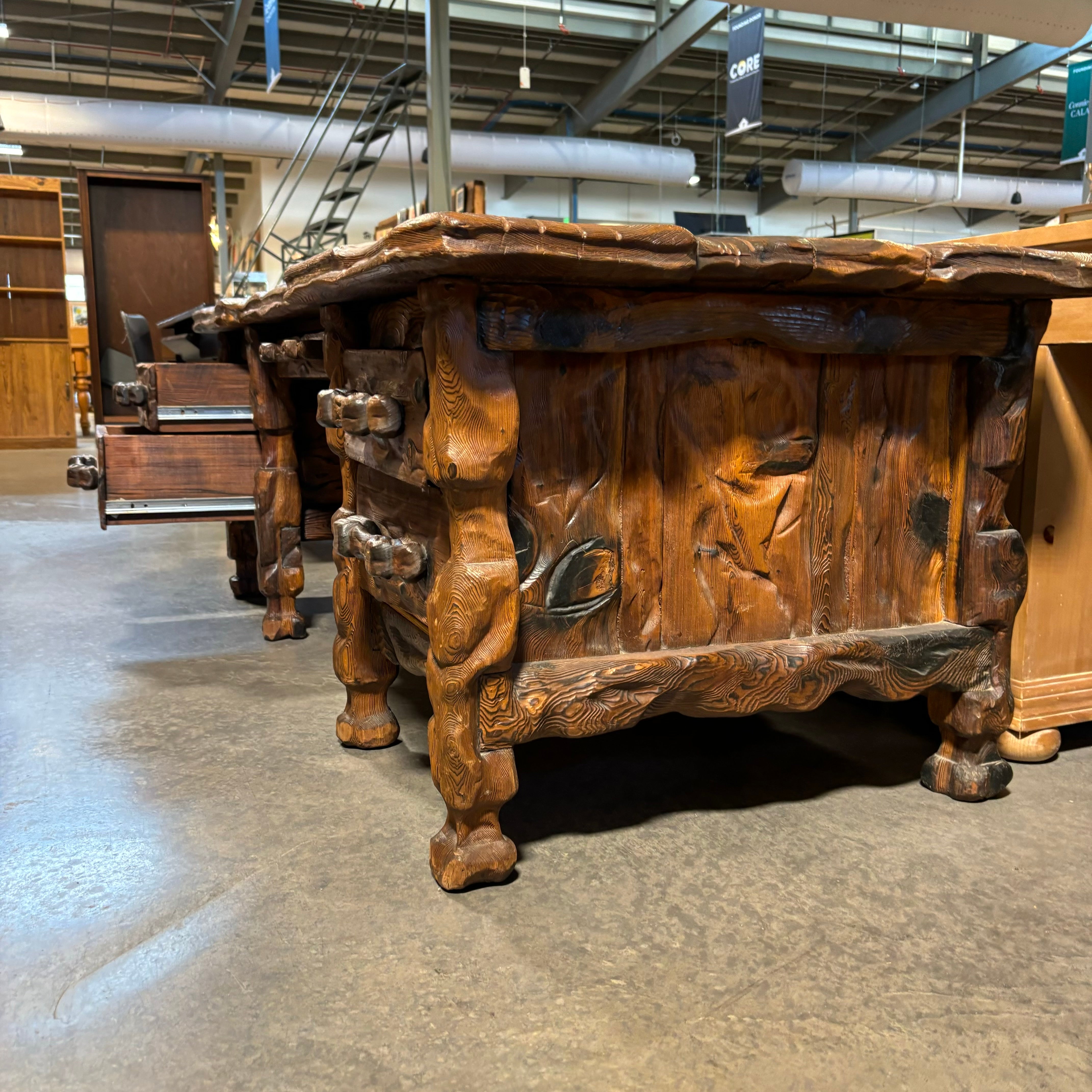 Natural Log Style with Carved Detail 5 Drawer Desk 78"x 35"x 27"