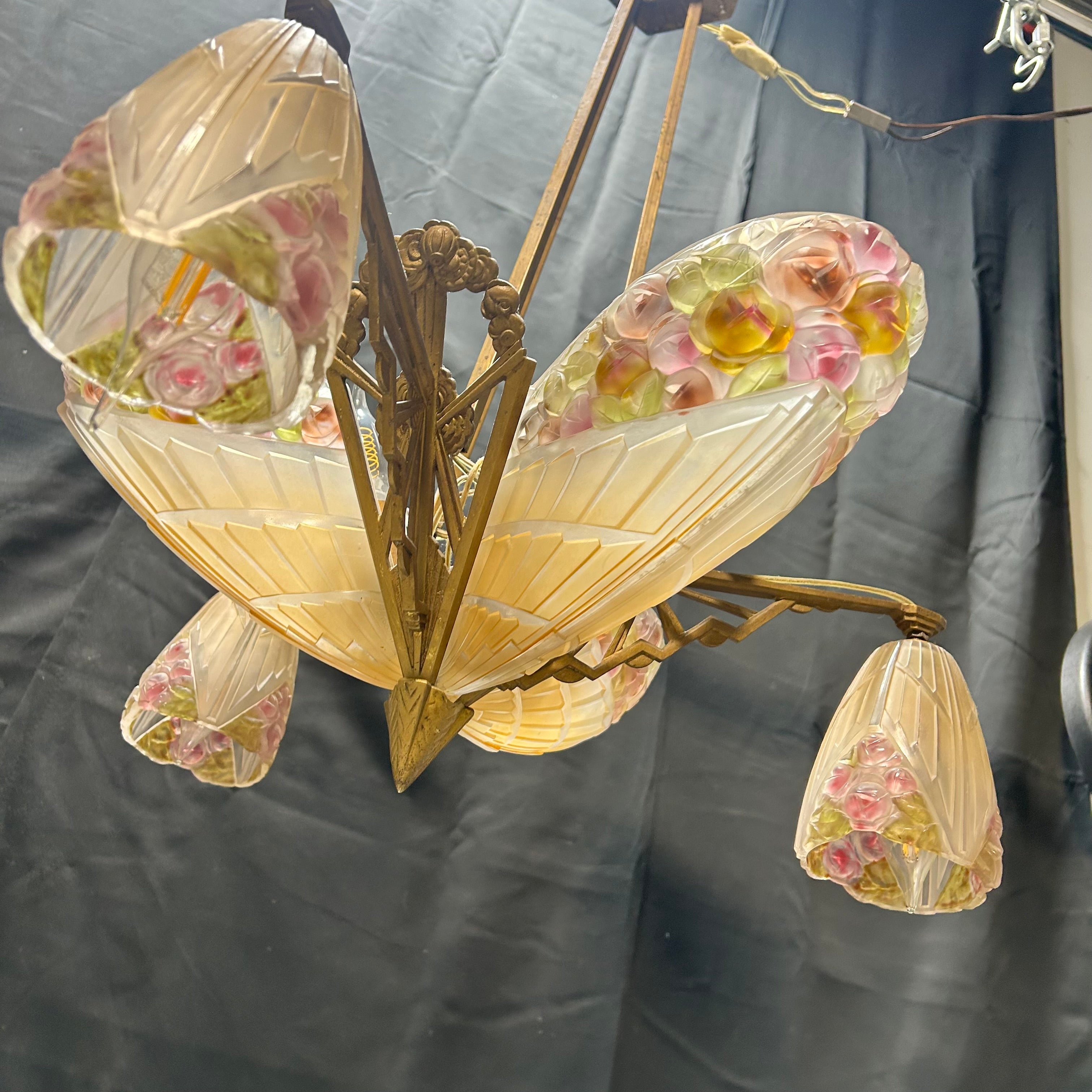 1930 Art Deco Brass & Flowered Glass 6 Light Pendant 22"x 31"